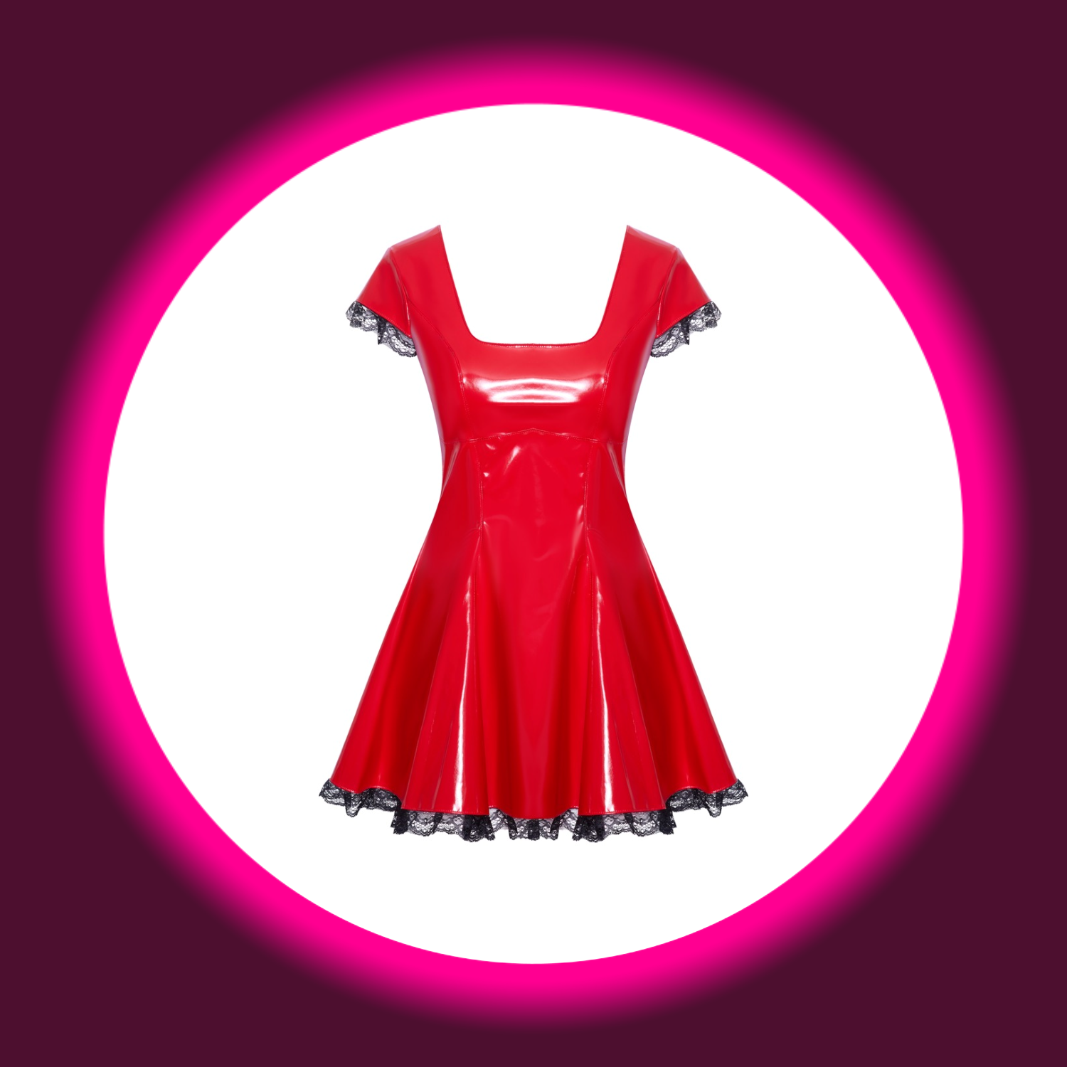 Frontansicht rotes Minikleid aus Lack mit schwarzen Spitzenrüschen, BLACK LEVEL