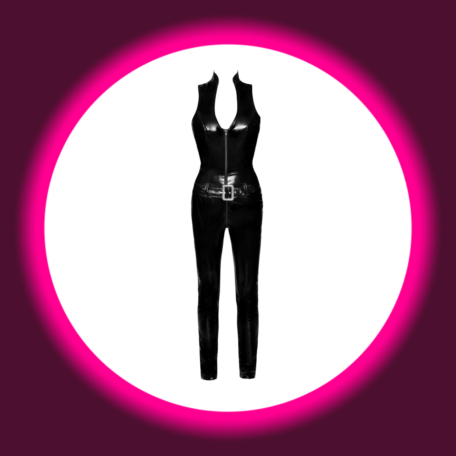 schwarzer ärmelloser Overall aus Lack mit Reißverschluss und Gürtelschnalle, BLACK LEVEL