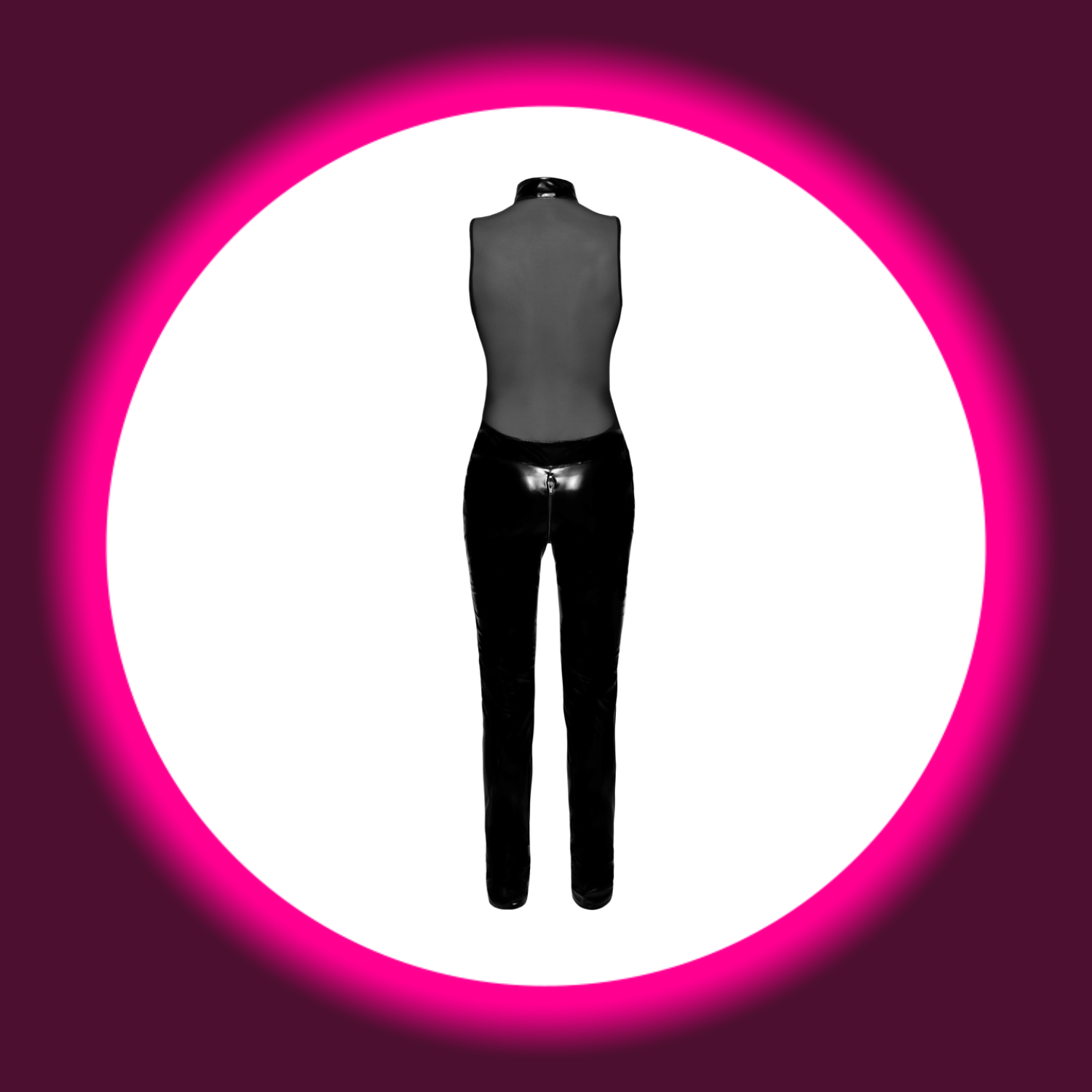 schwarzer ärmelloser Overall aus Lack mit Powernet-Oberteil, BLACK LEVEL