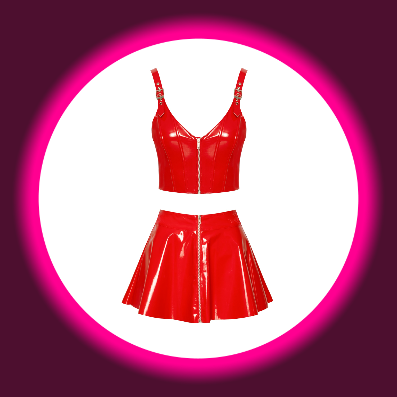 rotes glänzendes Lack-Set aus Top und Rock mit Frontreißverschluss, BLACK LEVEL