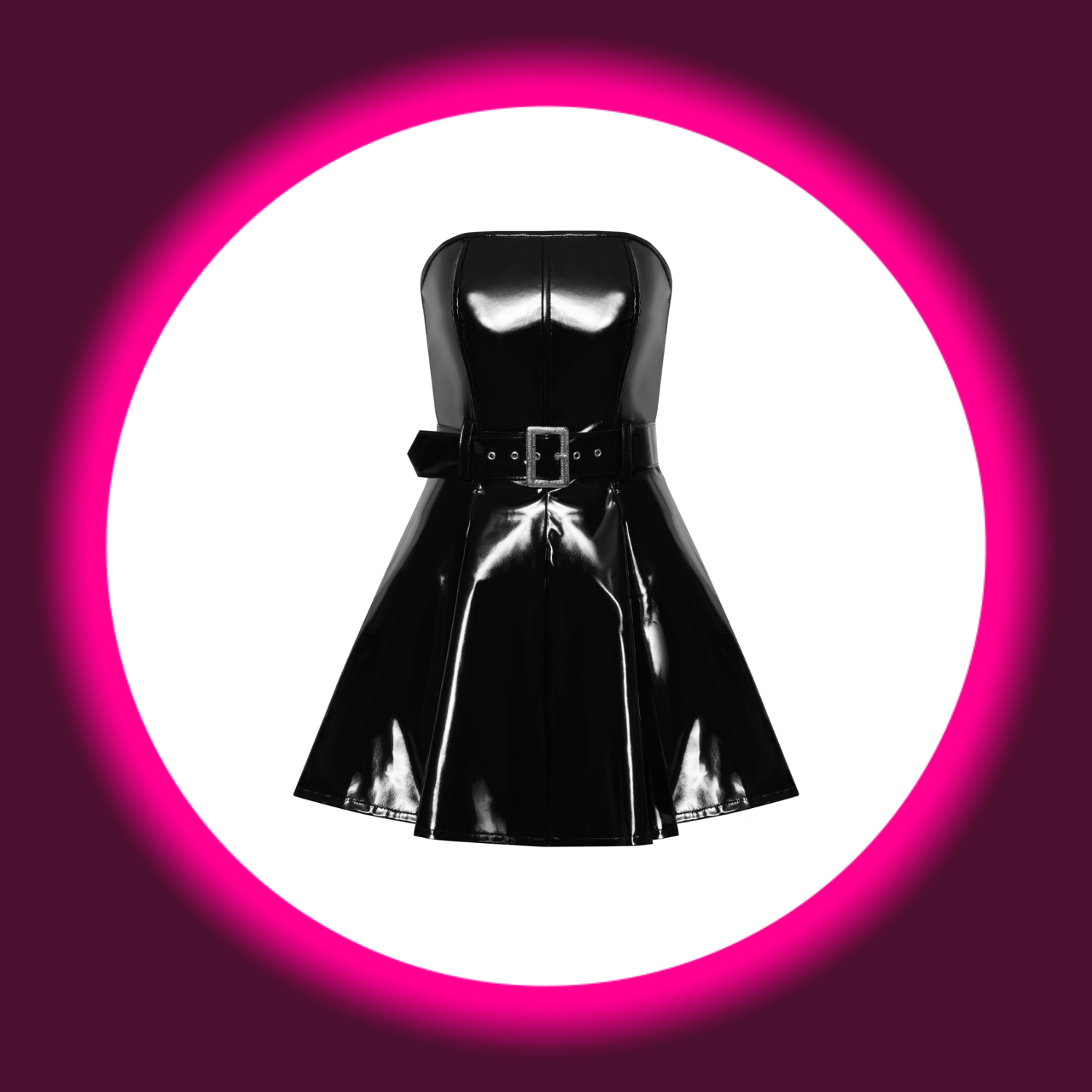 Frontansicht schwarzes Lackkleid ohne Träger, mit Gürtel, BLACK LEVEL