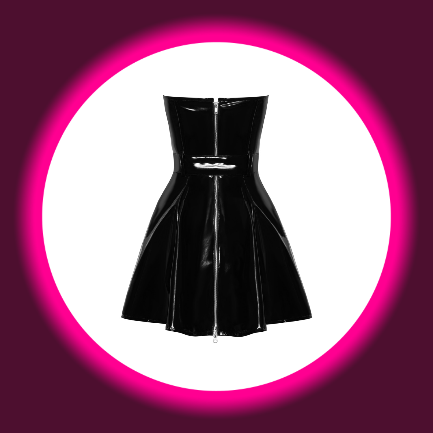 Rückansicht schwarzes Lackkleid ohne Träger, mit Gürtel und Reißverschluss, BLACK LEVEL