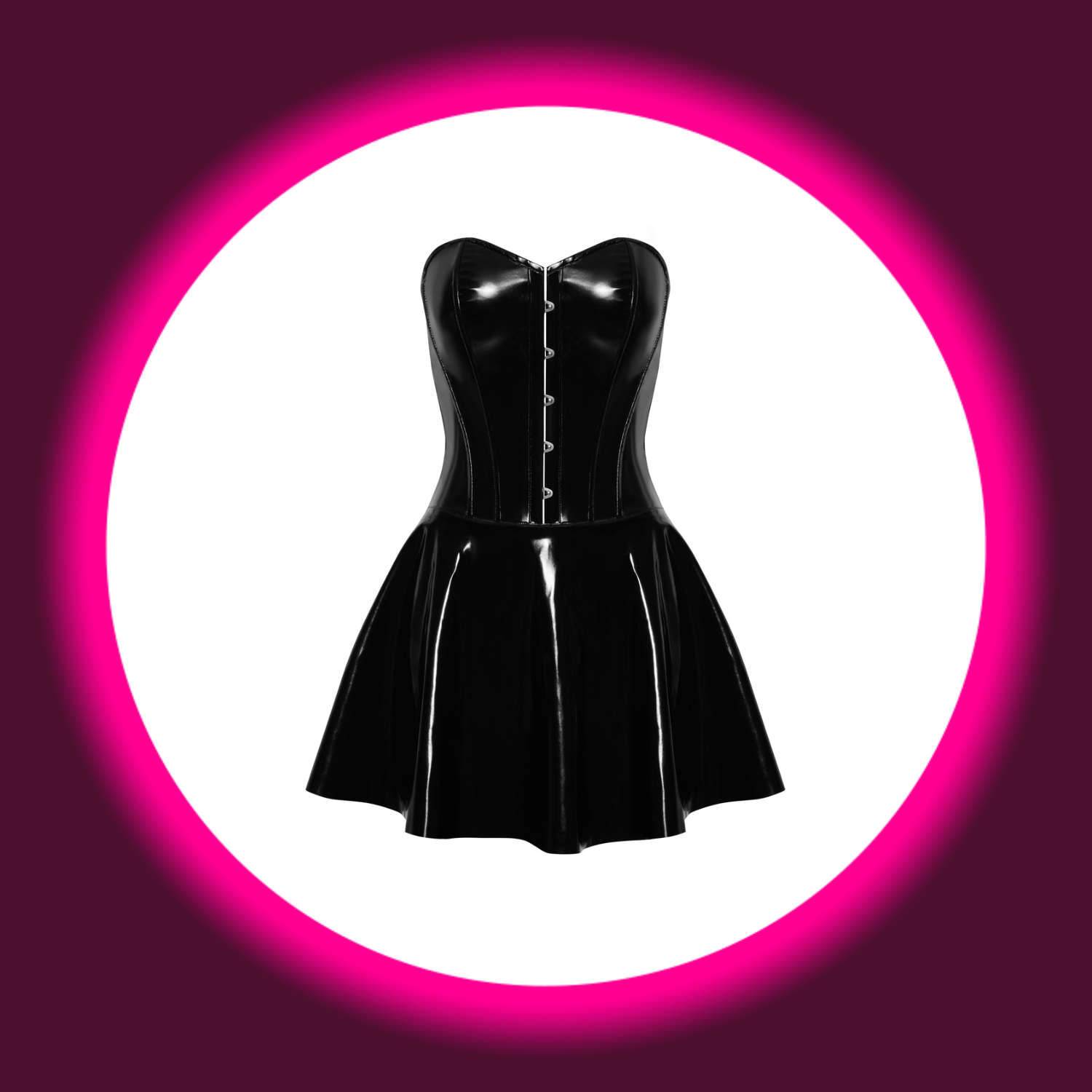 Frontansicht trägerloses schwarzes Minikleid aus Lack mit Corsagenoberteil von Black Level