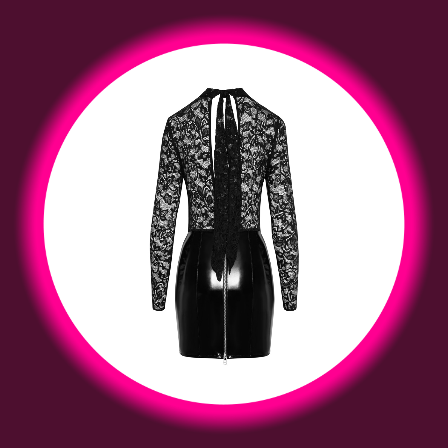 Rückansicht eines schwarzen engen Minikleids aus Lack und Spitze von Black Level