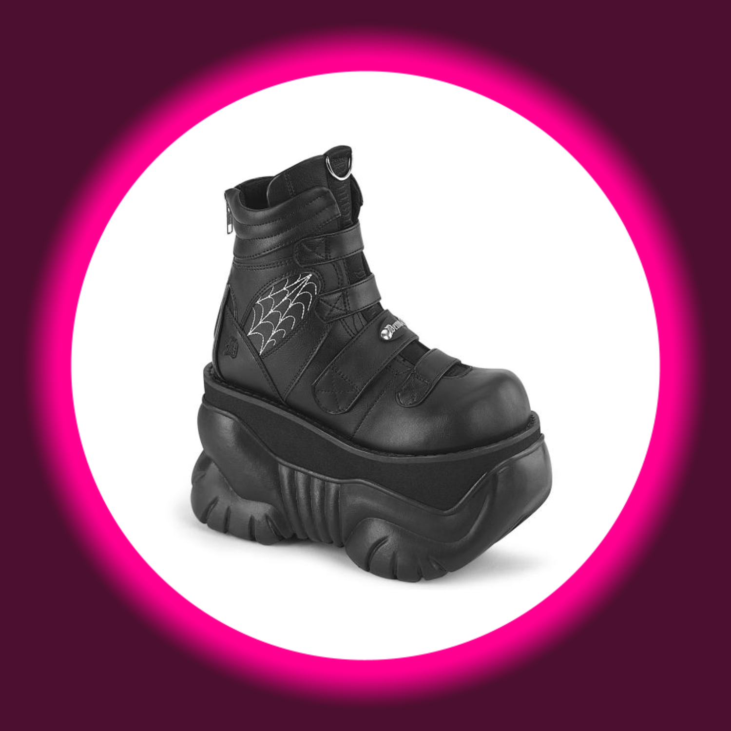 Demoniacult Boxer 70, schwarze Boots mit dicker Sohle, Klettverschlüssen und Spinnennetzdetail