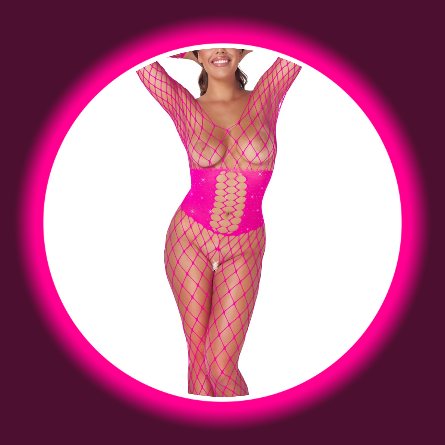 Frontansicht pinkfarbener grobmaschiger Netzcatsuit mit Glitzersteinen von Fantasy by Cotelli