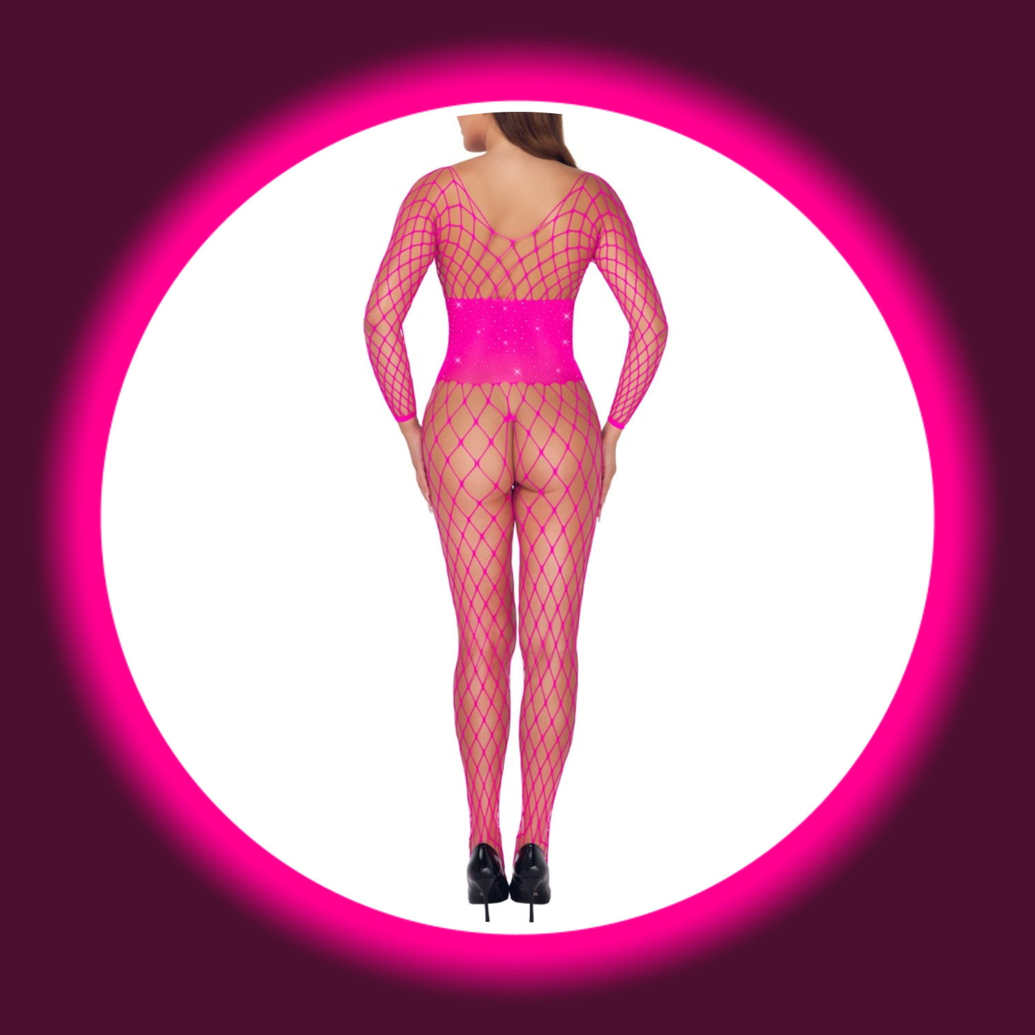 Rückansicht pinkfarbener grobmaschiger Netzcatsuit mit Glitzersteinen von Fantasy by Cotelli