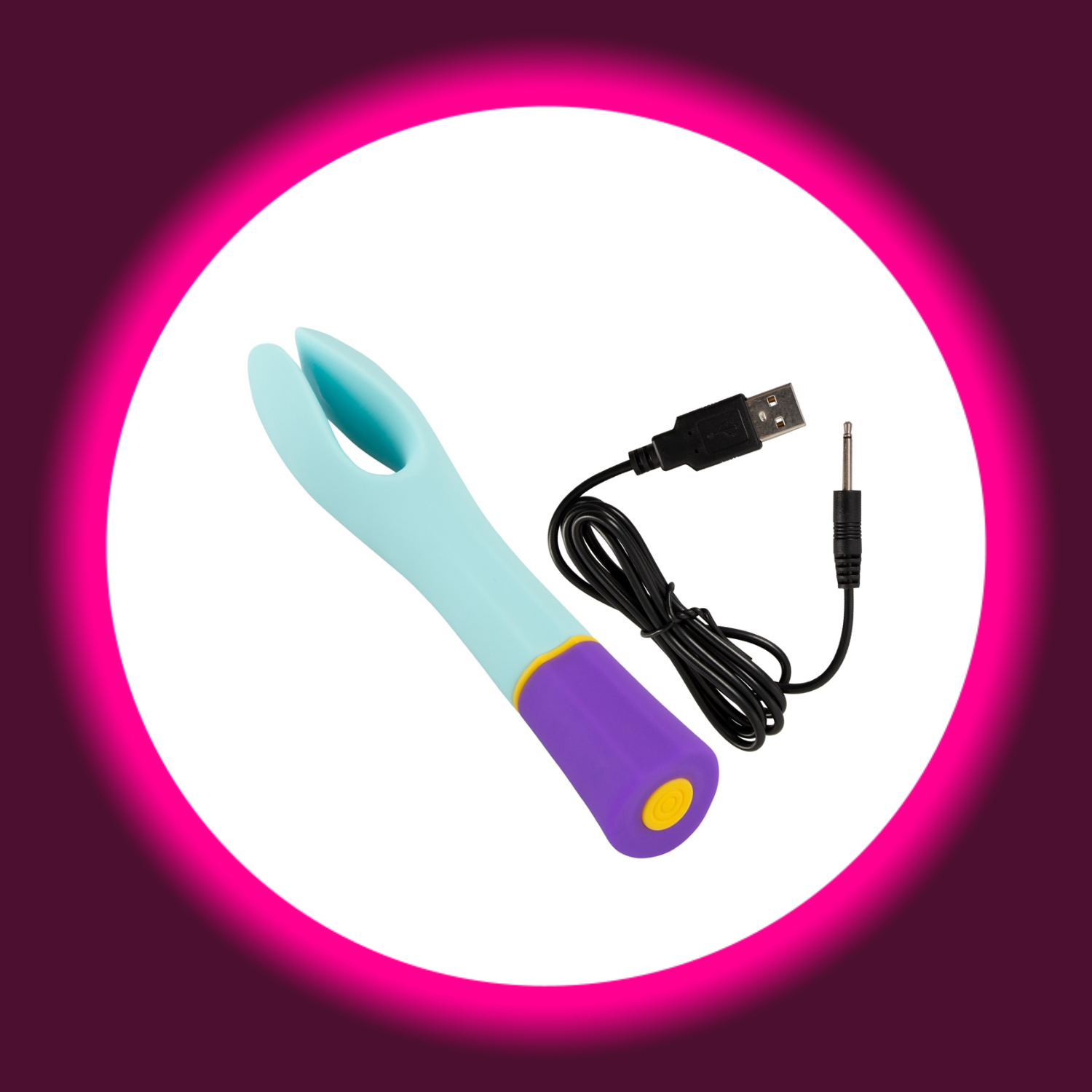 bunter Doppel Vibrator in blau, lila, gelb von You2Toys mit danebenliegendem USB-Ladekabel