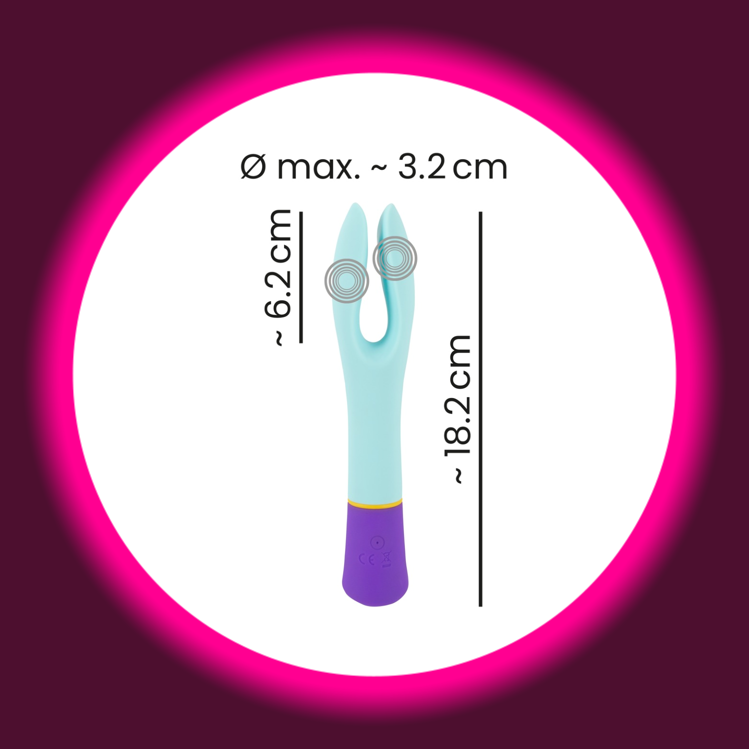 Maße des bunten Doppel Vibrators in blau, lila, gelb von You2Toys