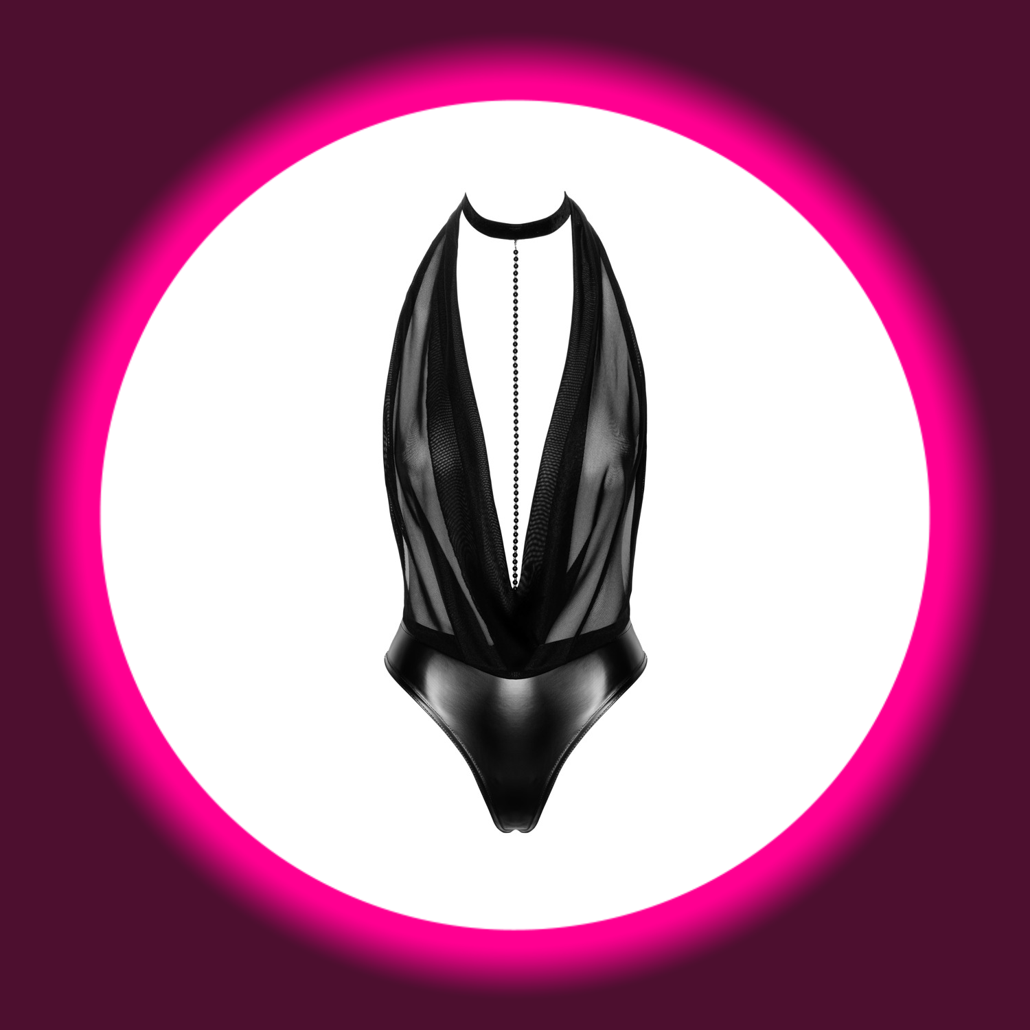 Frontansicht schwarzer Body mit Mesh-Oberteil, Halsband und Kette von Noir Handmade