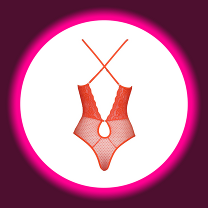 Rückansicht neonfarbener Spitzenbody mit gekreuzten Trägern von Fantasy by Cotelli