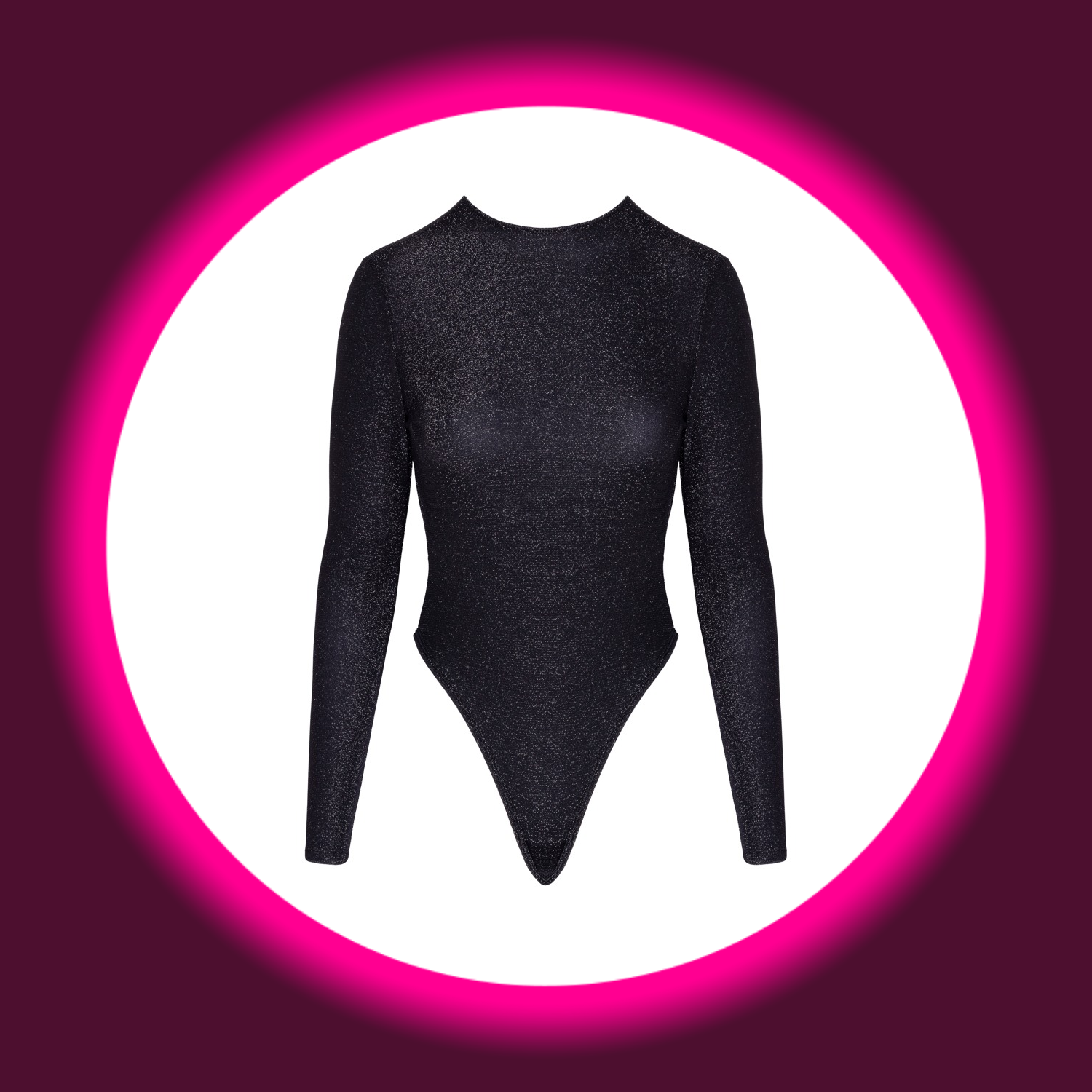 Frontansicht schwarzer Langarm-Body mit Silberglitzer und hohem Beinausschnitt von Cotelli