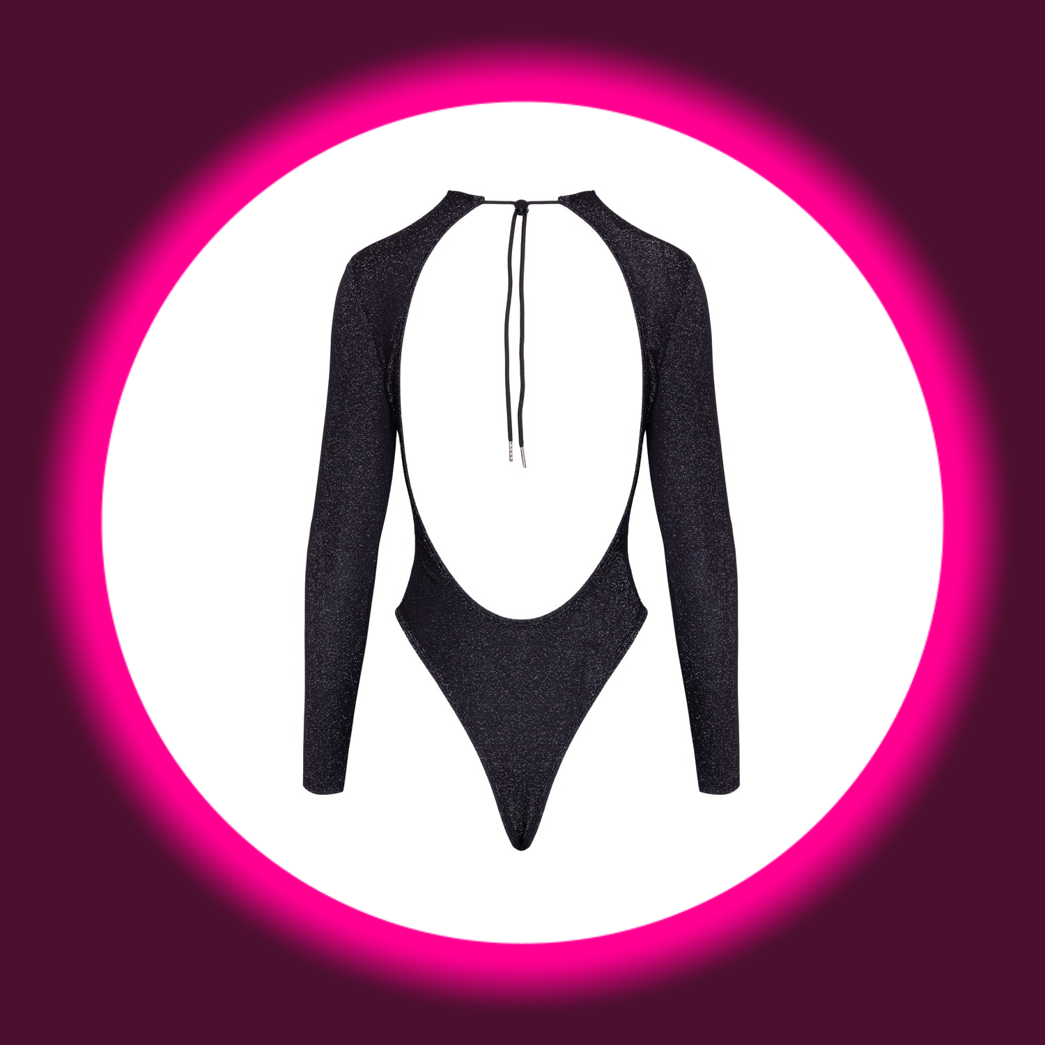 Rückansicht schwarzer Langarm-Body mit Silberglitzer und hohem Beinausschnitt von Cotelli