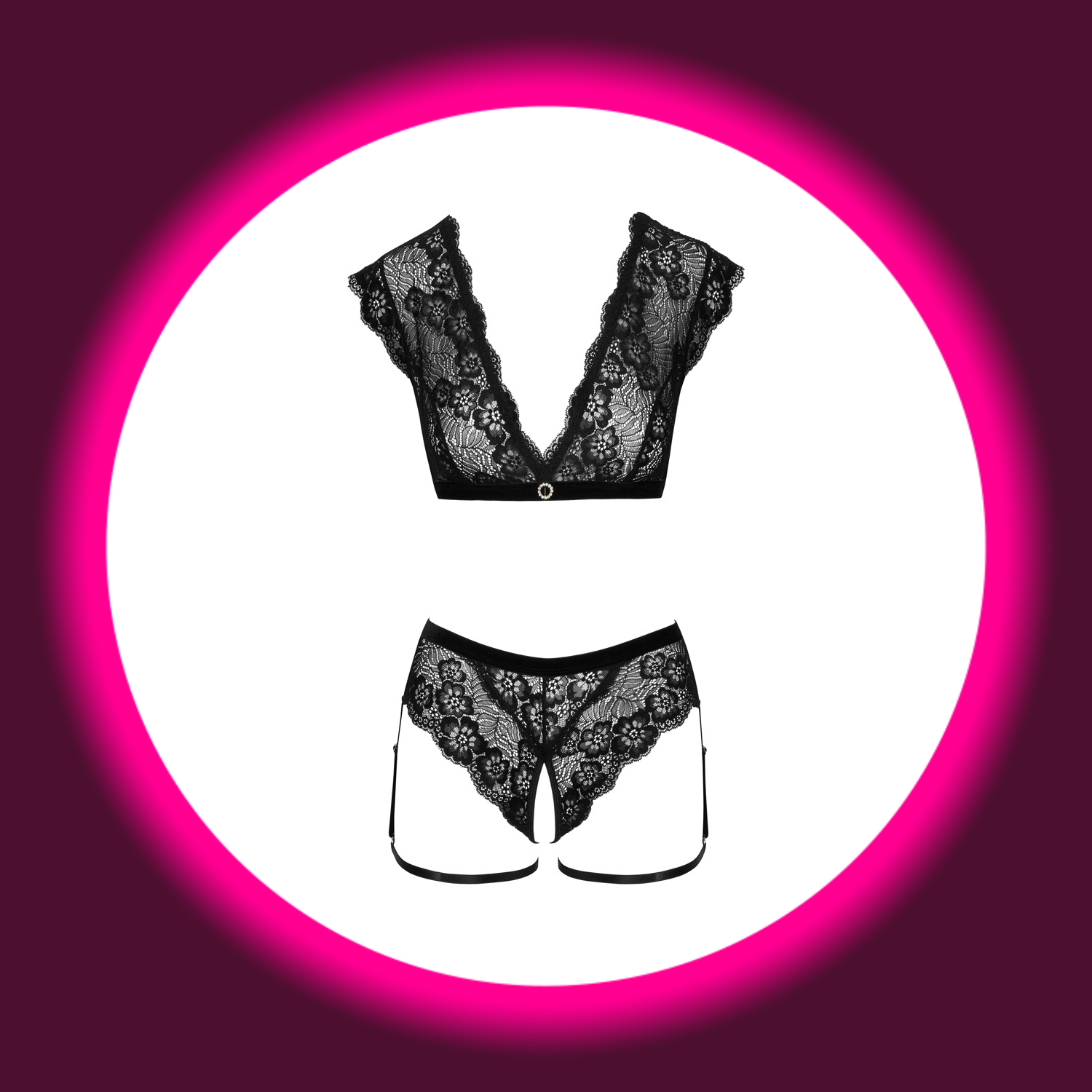 Frontansicht schwarze Dessous aus Spitze mit Strapshaltern, Cotelli Lingerie