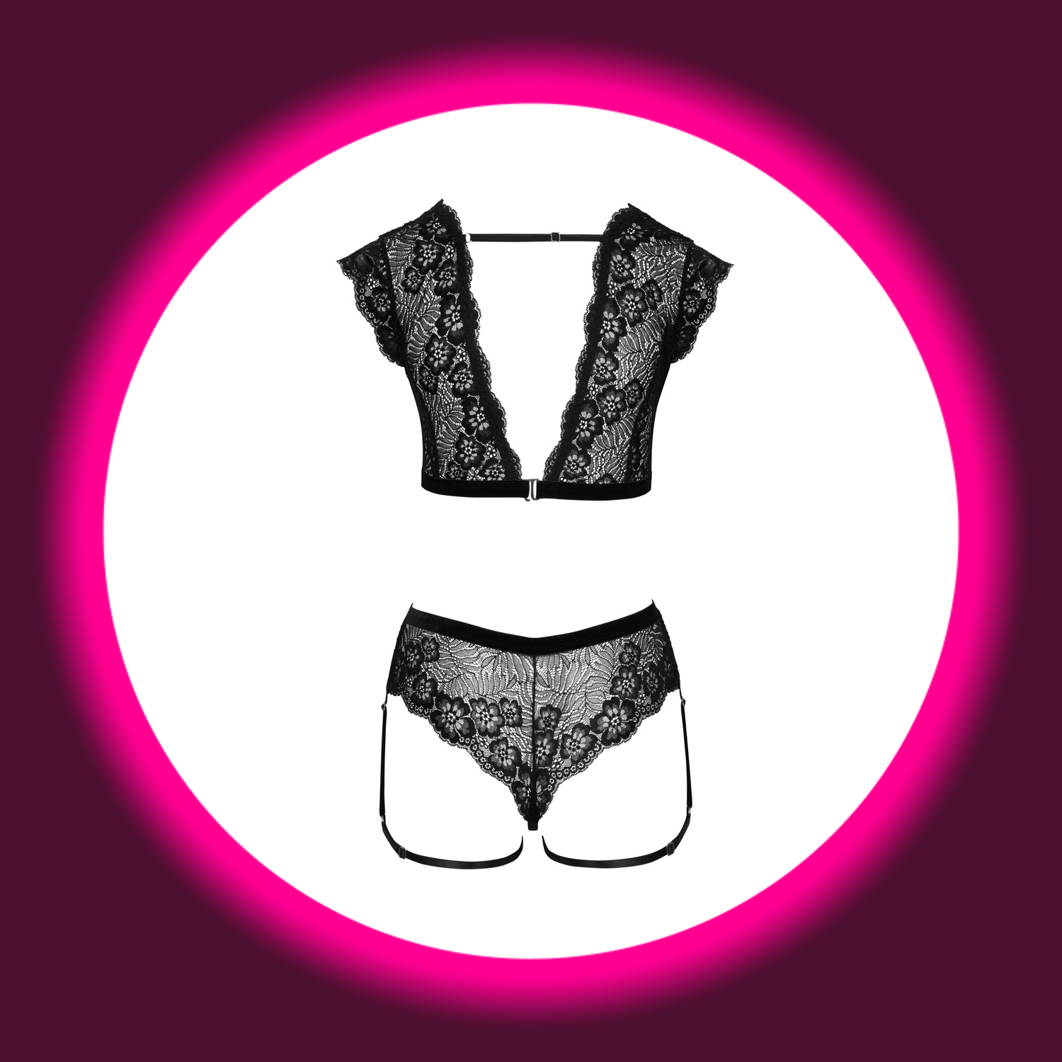 Rückansicht schwarze Dessous aus Spitze mit Strapshaltern, Cotelli Lingerie