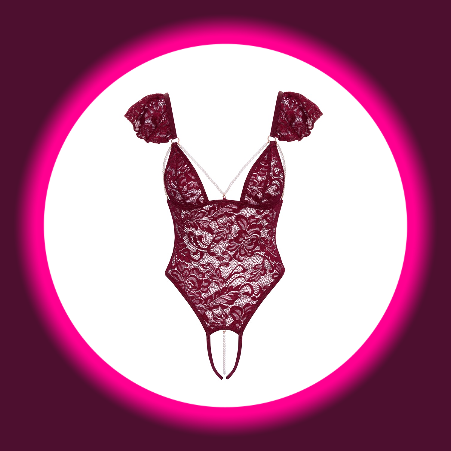 weinroter Spitzen-Body mit weißen Perlenketten, Cotelli Lingeri