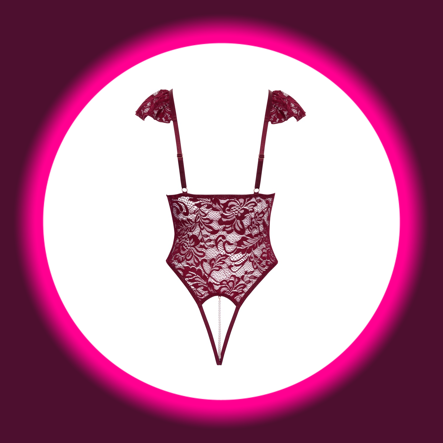 Rückansicht weinroter Spitzen-Body mit weißen Perlenketten, Cotelli Lingeri