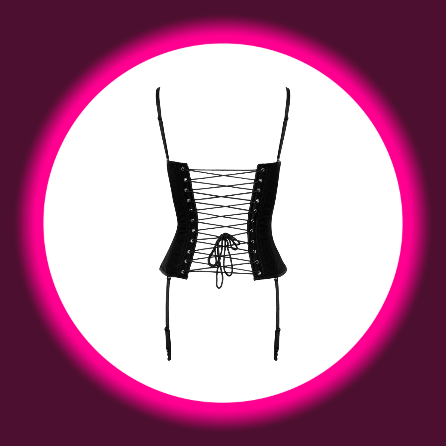 Rückansicht schwarze Corsage aus Satin mit Schnürung und Strapshaltern von Cotelli Party