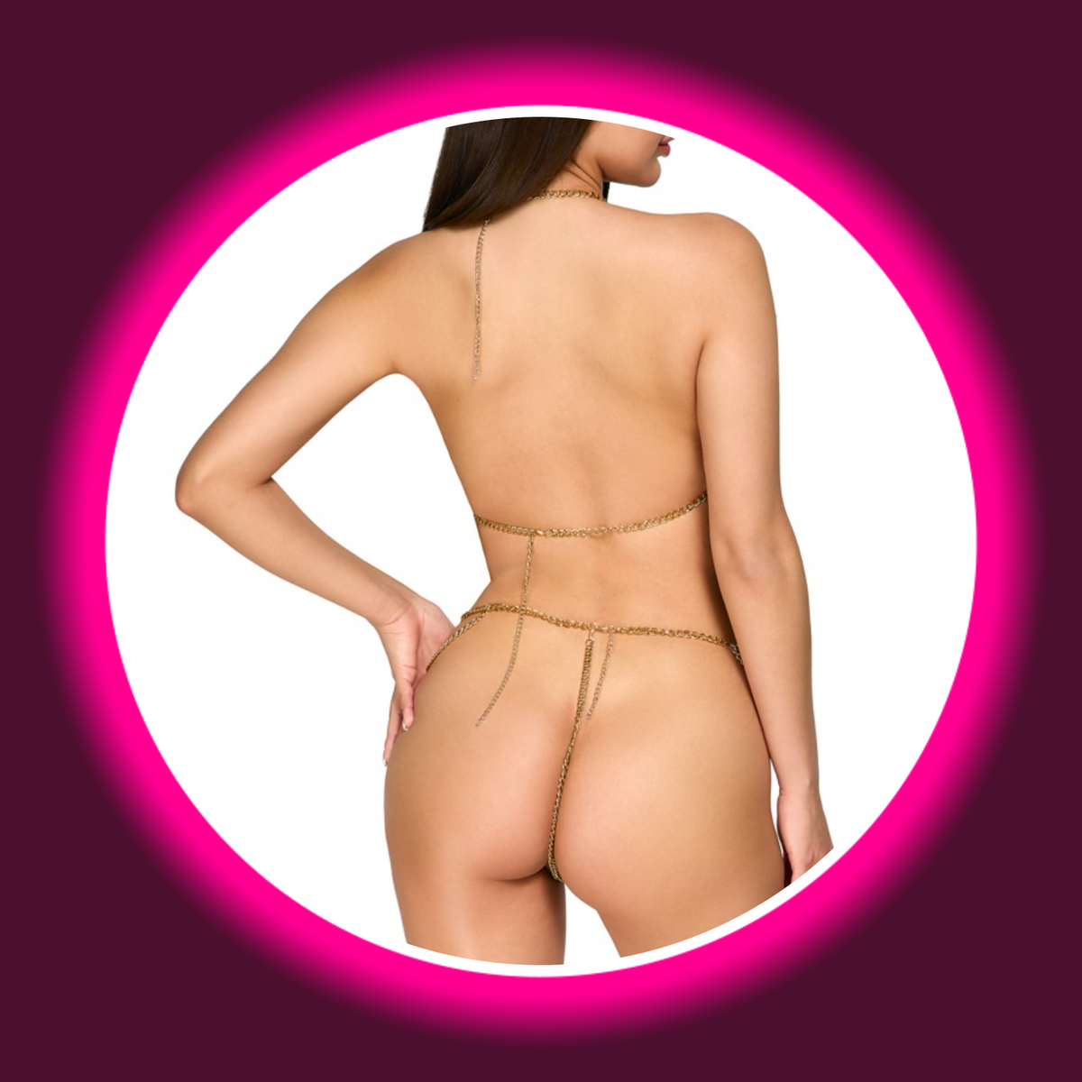 Cottelli Accessoires Ketten-Set Gloria in Goldfarbe, Rückansicht am Model mit offenem Rücken, schmalen Hals- und Rückenketten sowie Kettenstring