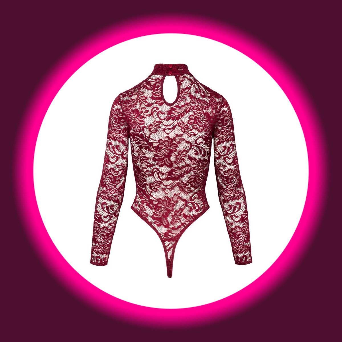 Cottelli Lingerie Body SCARLET weinrot freistehend – Rückenansicht, Keyhole-Ausschnitt am Stehkragen, transparente Ornament-Spitze, Riostring-Schnitt