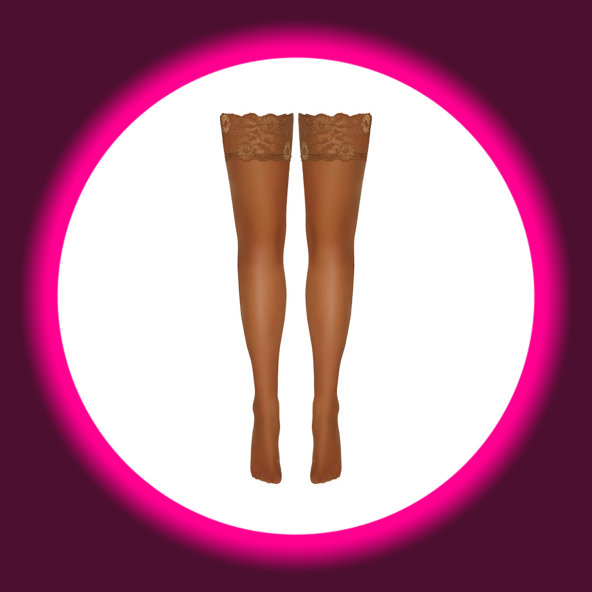 Cottelli Legwear halterlose Stockings in Beige mit transparentem Strumpfmaterial und breitem Spitzenabschluss, freigestellte Frontansicht