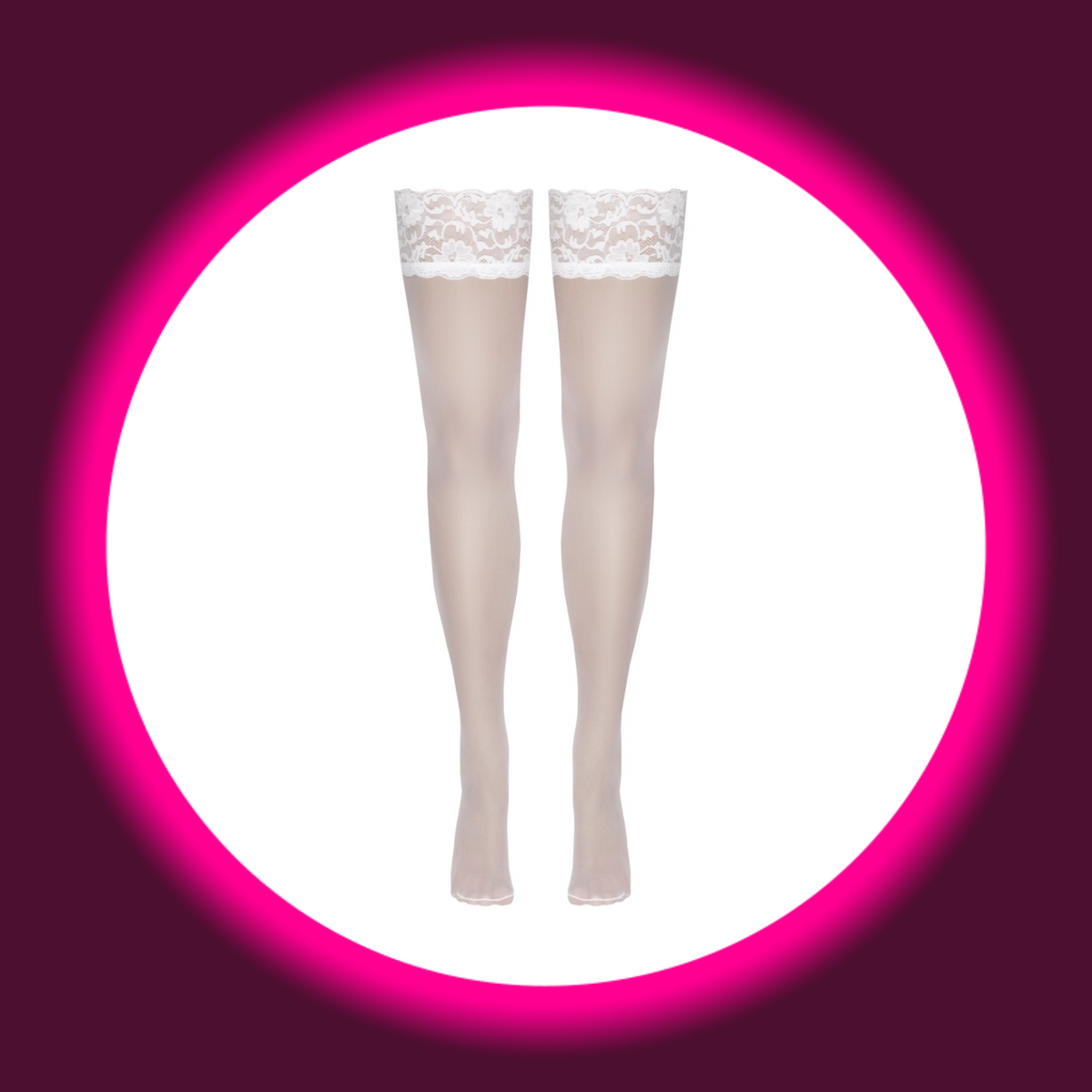 Cottelli Legwear halterlose Stockings weiß freistehend – Frontansicht, weiße Feinstrümpfe mit 9 cm Spitzenabschluss und Silikonhalt, 20 den