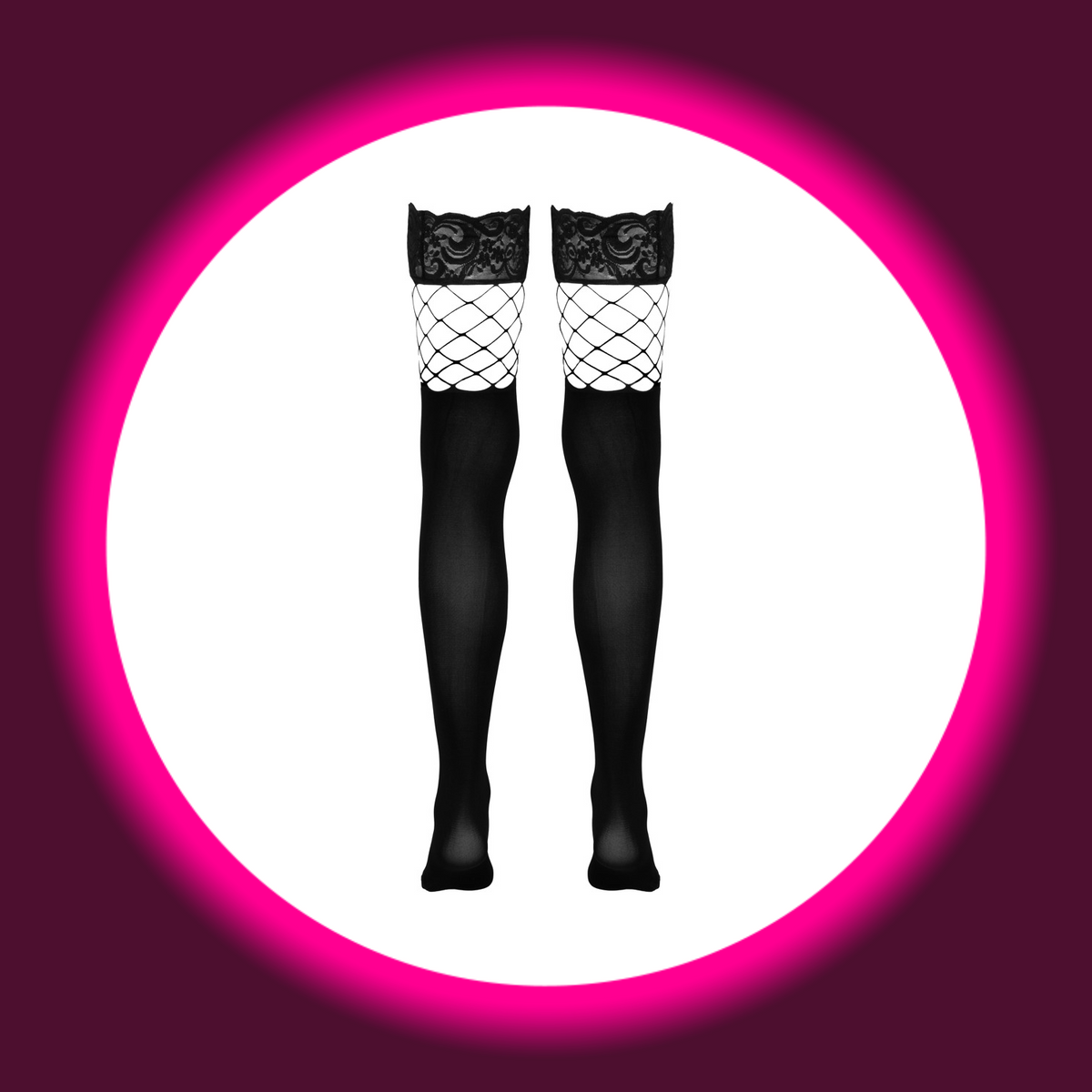 Cottelli Legwear 2-in-1 Stockings in Schwarz mit breiten Spitzenabschlüssen und grobmaschigen Netzeinsätzen, freigestellte Rückansicht