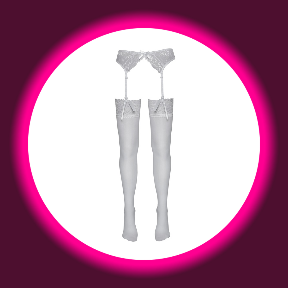 Cottelli Legwear Straps-Stockings weiß freistehend – weiße Feinstrümpfe mit floraler Blütenspitze und Schleifen, zum Anclipsen am Strapsgurt