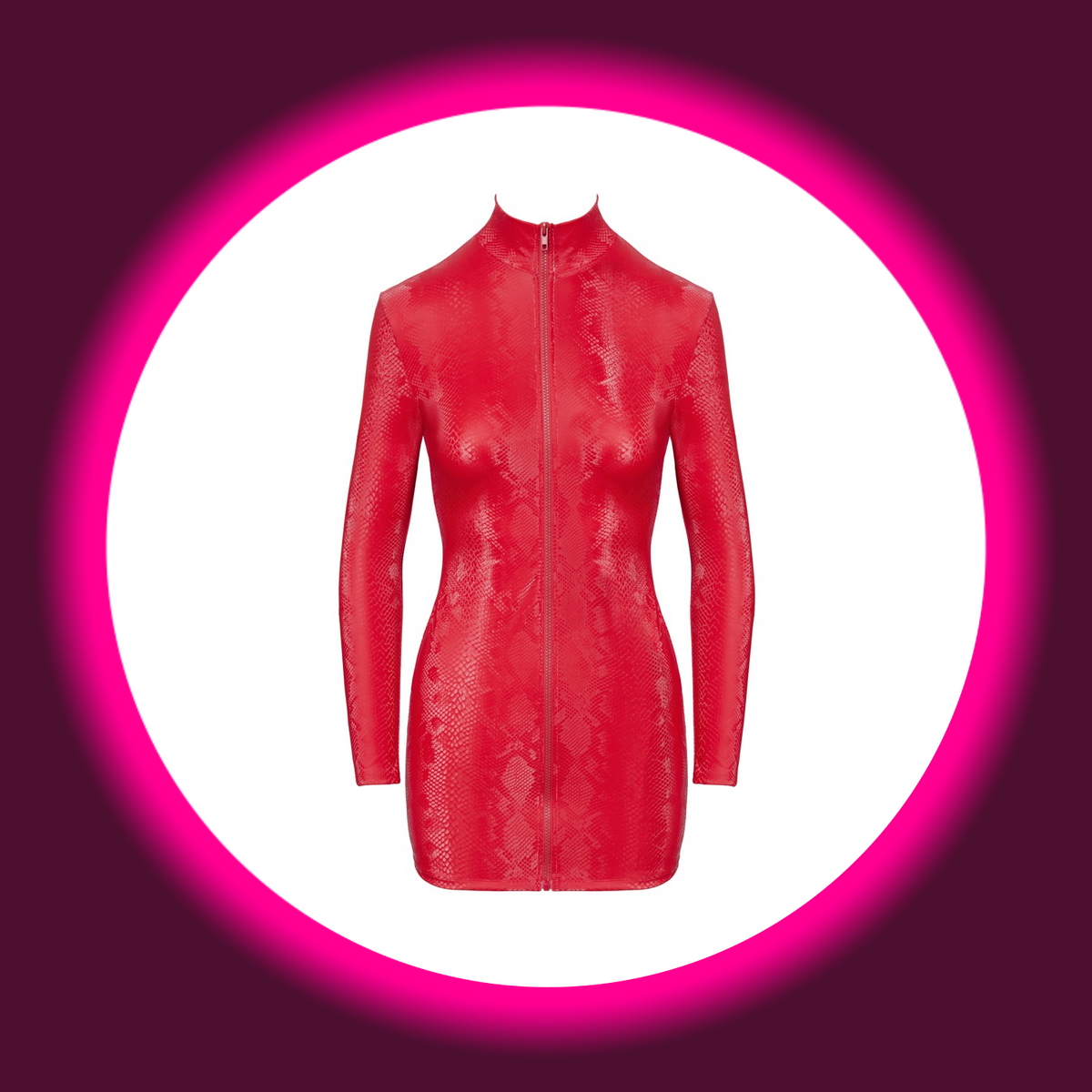 Cottelli Minikleid Amanda in Rot mit Schlangenmuster, Stehkragen, langen Ärmeln und durchgehendem Frontreißverschluss, freigestellte Frontansicht