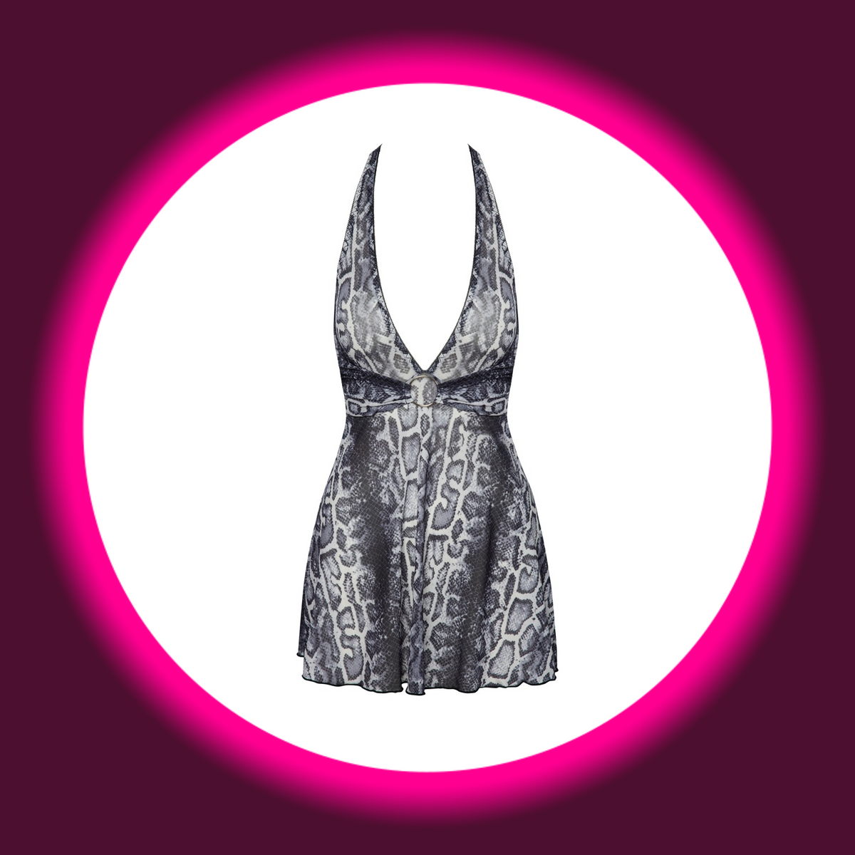 Cottelli Minikleid Carry mit grauem Schlangenmuster, Neckholder-Trägern, tiefem V-Ausschnitt und ausgestelltem Rock, freigestellte Frontansicht