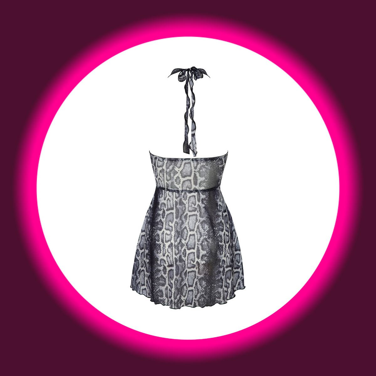 Cottelli Minikleid Carry mit grauem Schlangenmuster, offenem Rücken und Neckholder-Bindebändern, freigestellte Rückansicht