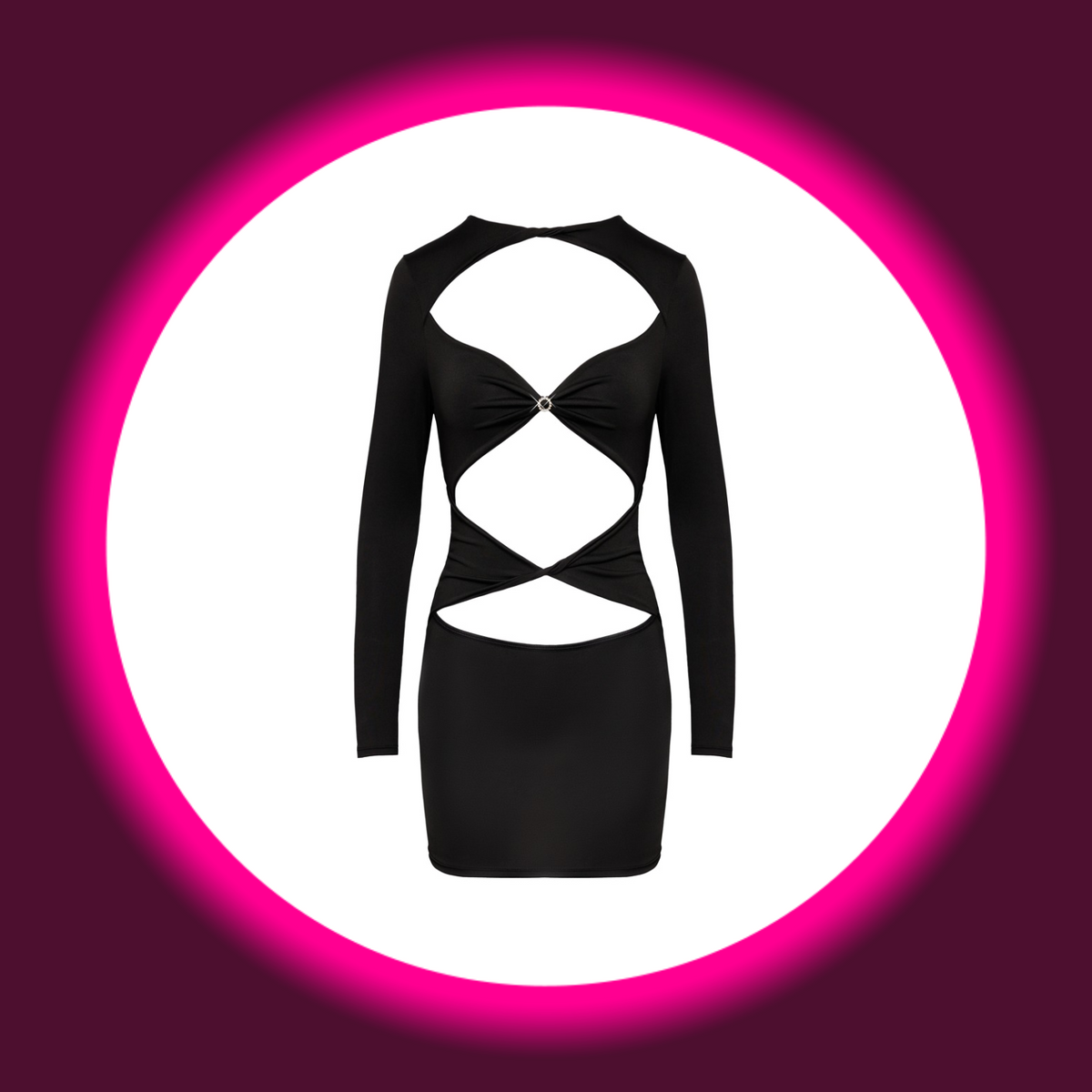 Cottelli Minikleid Rina in Schwarz mit langen Ärmeln, großen Cut-outs an Dekolleté und Bauch sowie geraffter Brustpartie mit Schmuckring, freigestellte Frontansicht