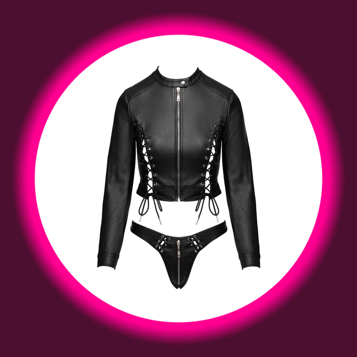 Cottelli Party Set Raven mit langärmliger Cropped-Jacke und Riostring aus schwarzem Lederimitat, Frontreißverschlüssen und dekorativen Schnürungen, freigestellte Frontansicht