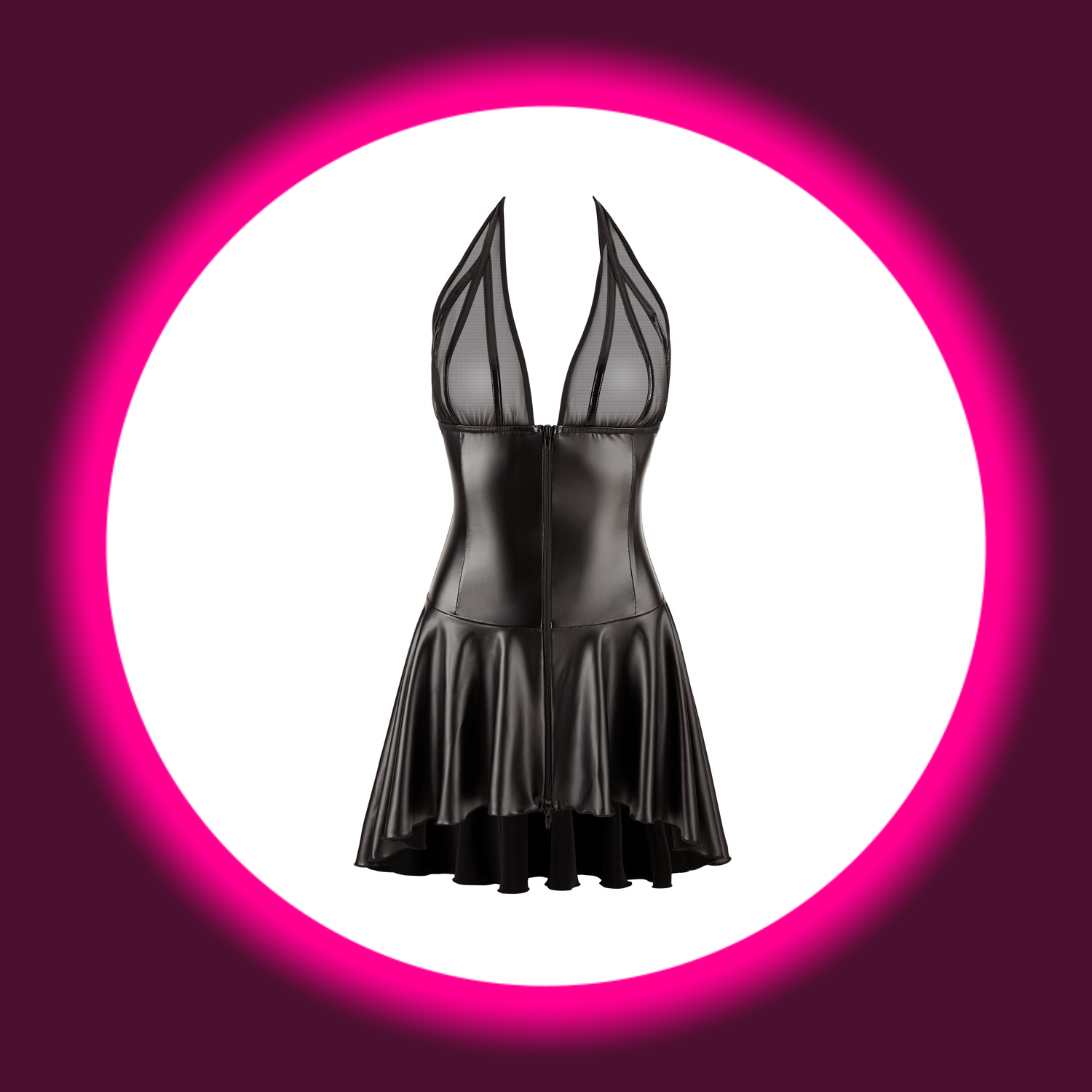 Frontansicht schwarzes glänzendes Minikleid mit ausgestelltem Unterteil von Noir Handmade