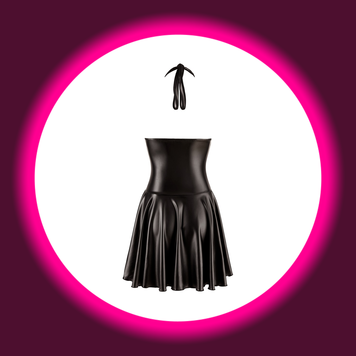 Rückansicht schwarzes glänzendes Minikleid mit ausgestelltem Unterteil von Noir Handmade