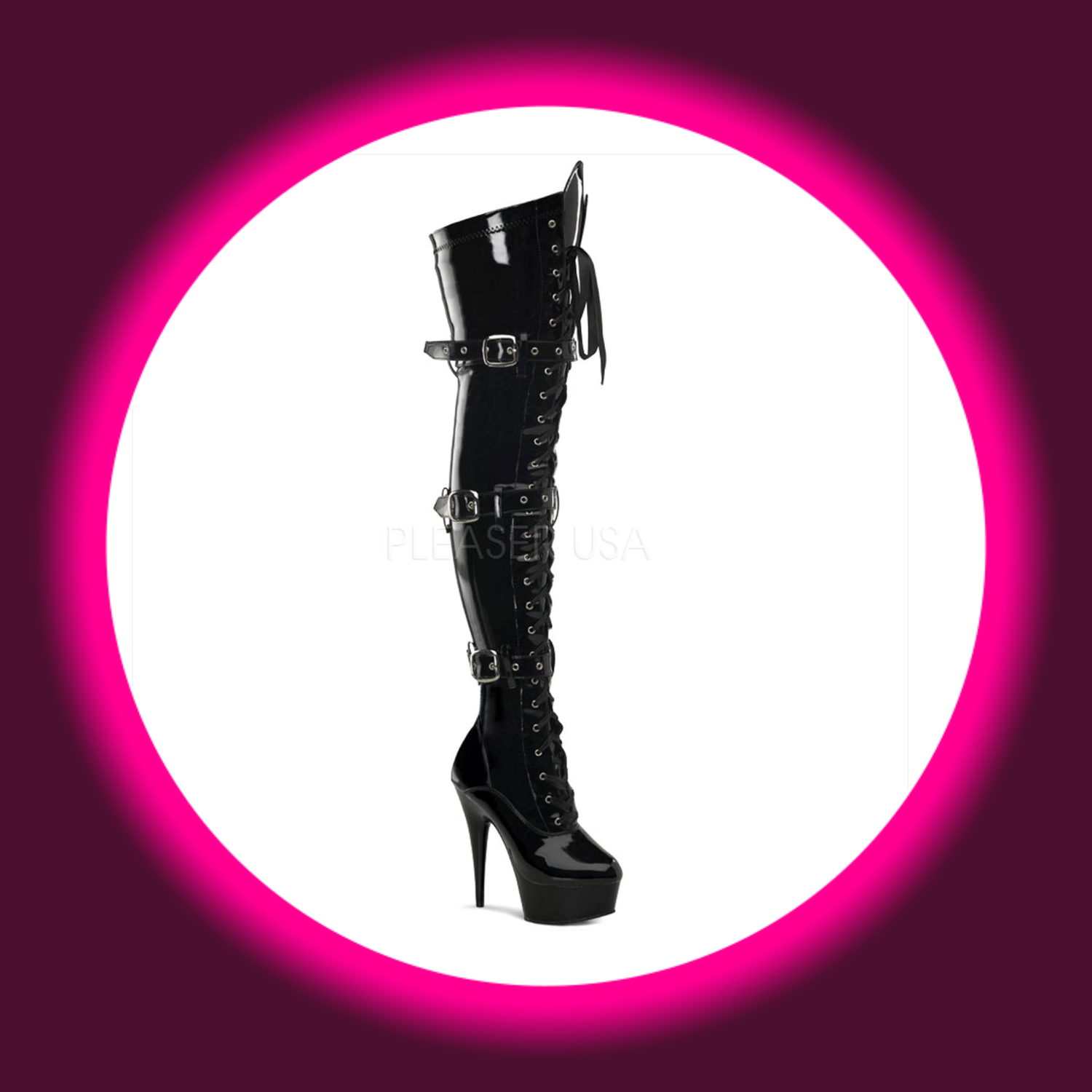 Winkelansicht schwarze Overknee-Stiefel mit Frontschnürung, drei Zierriemen und hohem Absatz, Pleaser Delight 3028