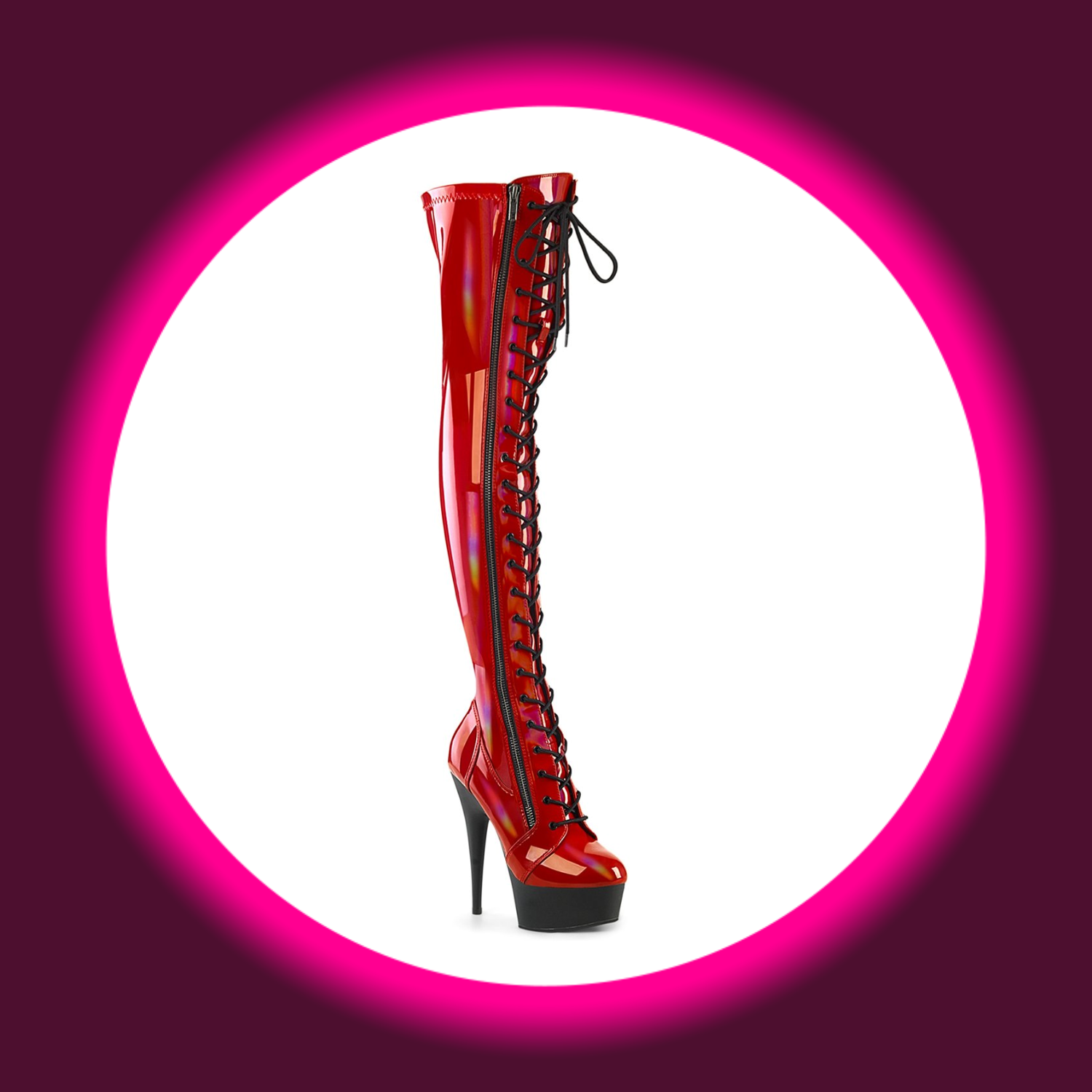 Winkelansicht rote Plateau-Overknees mit schwarzer Schnürung und holografischer Oberfläche, Pleaser Delight 3029