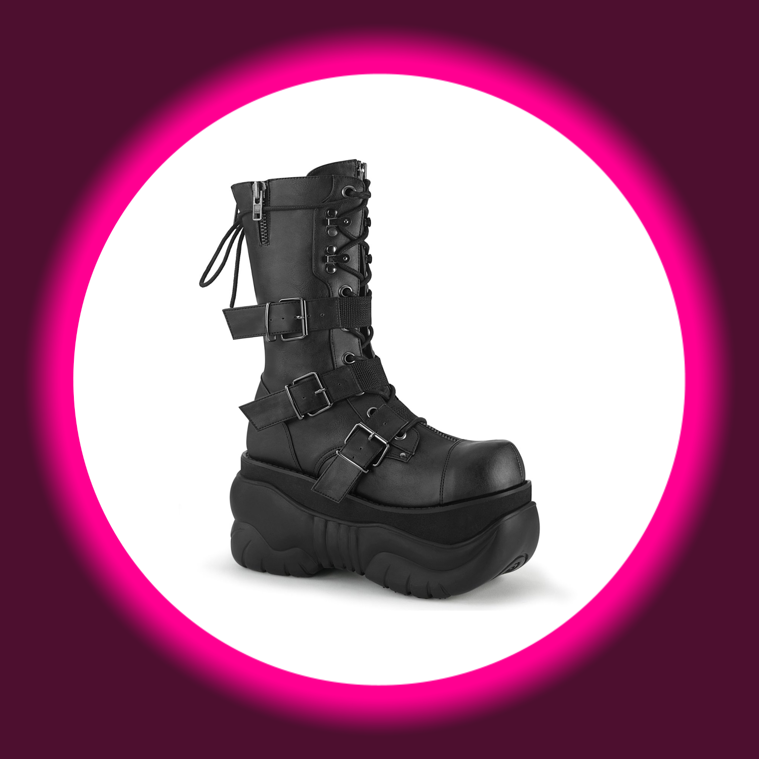 Winkelansicht schwarze Stiefel mit dicker Sohle und drei Schnallen, Demoniacult Boxer 230