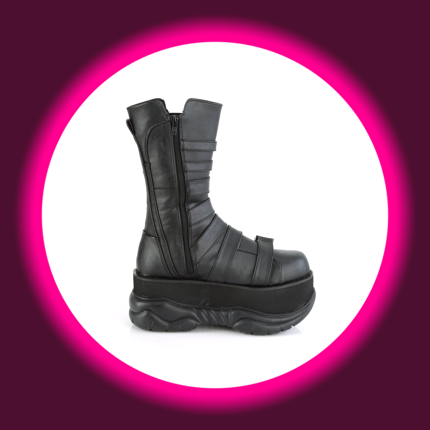 seitliche Ansicht schwarze Boots mit dicker Sohle und Reißverschluss, Demoniacult Neptune 210