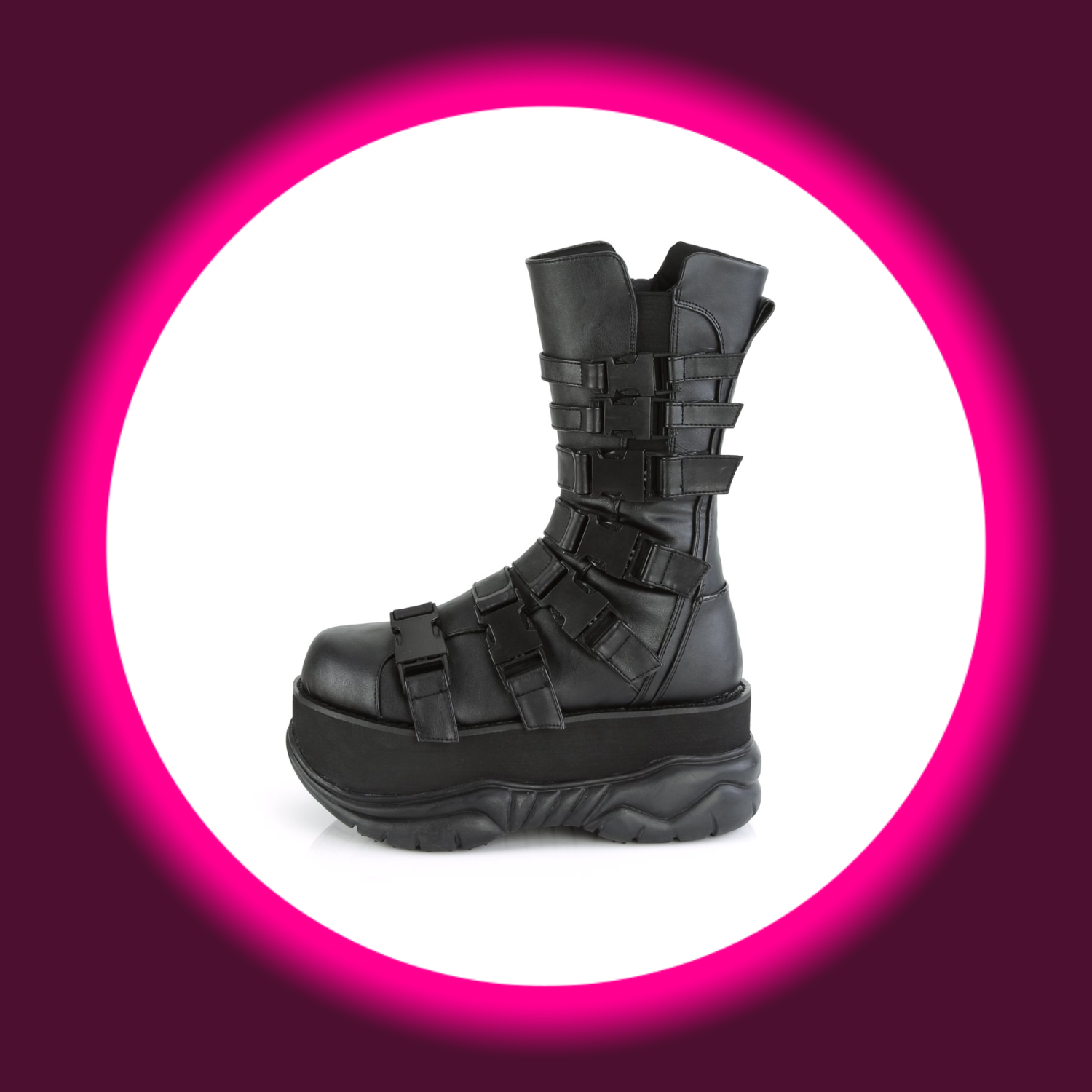 seitliche Ansicht schwarze Boots mit dicker Sohle und Steckschnallen, Demoniacult Neptune 210