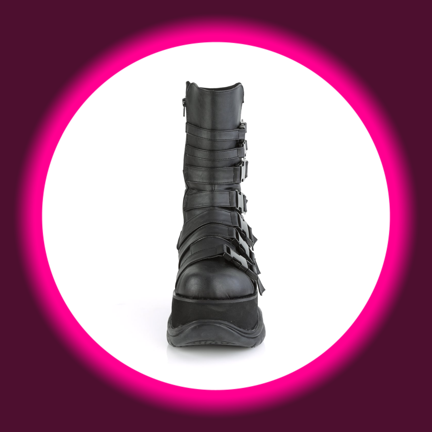 Frontansicht schwarze Boots mit dicker Sohle und Steckschnallen, Demoniacult Neptune 210