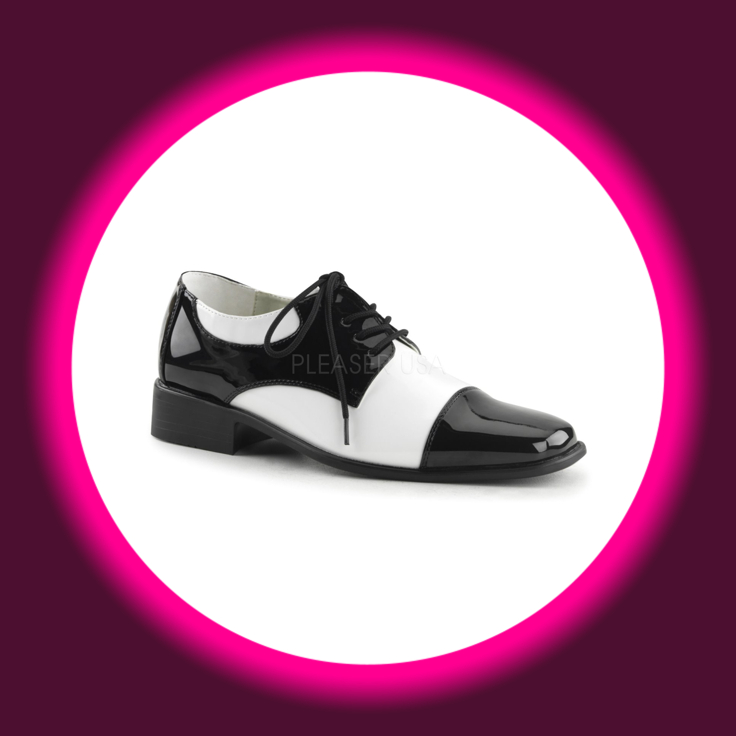 Winkelansicht schwarz weiße Herrenhalbschuhe mit Schnürsenkel und Blockabsatz, Pleaser Disco 18