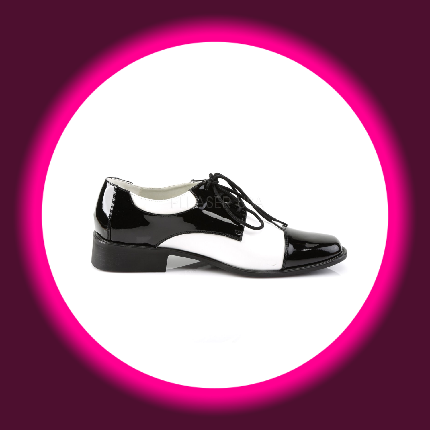 seitliche Ansicht schwarz weiße Herrenhalbschuhe mit Schnürsenkel und Blockabsatz, Pleaser Disco 18
