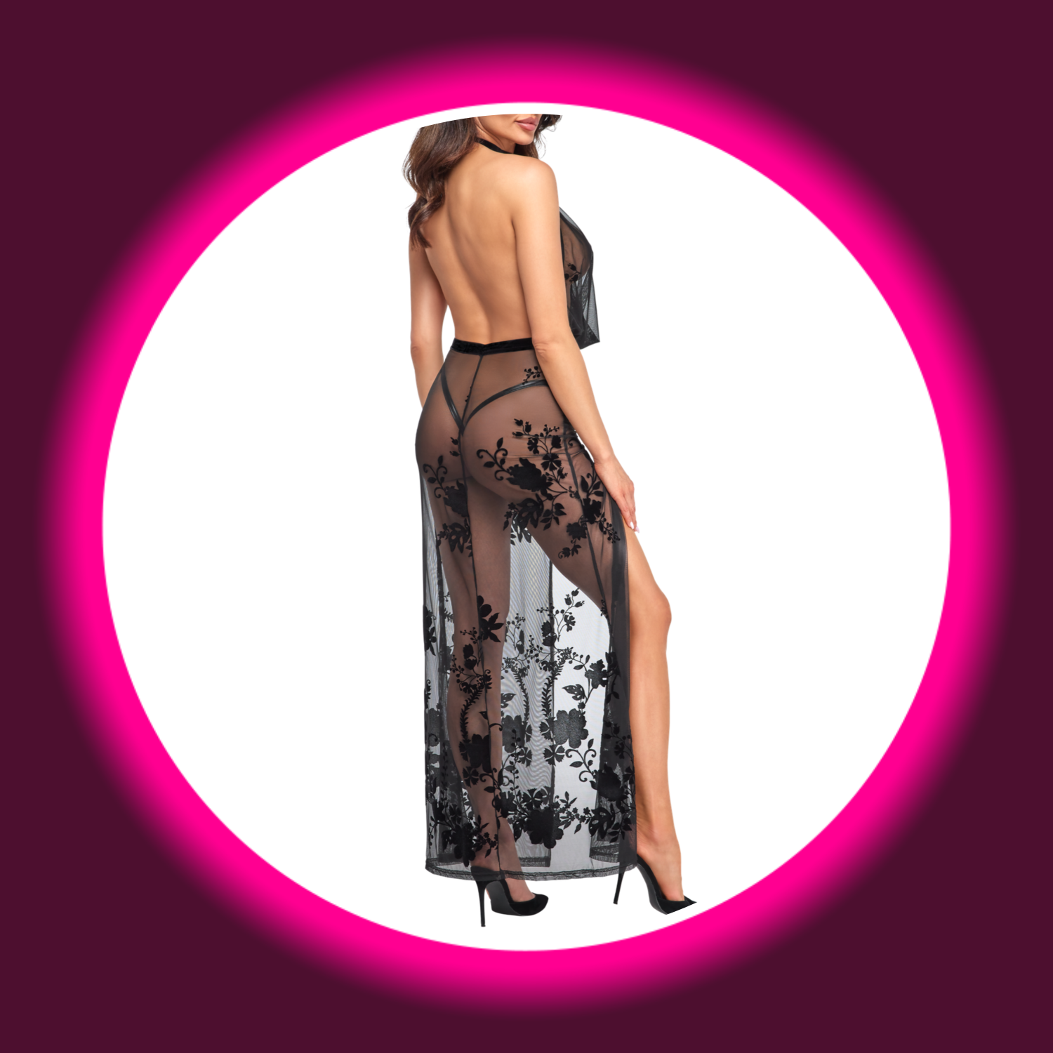 Rückansicht langes semitransparentes schwarzes Kleid mit Blumenmuster von Noir Handmade