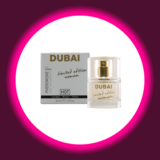 Produktverpackung und Sprühflasche des Parfums Dubai Woman weiß mit goldener Schrift