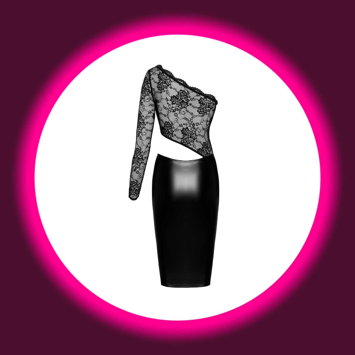 Rückansicht Noir Handmade enges asymetrisches schwarzes Wetlook Kleid mit Spitzenoberteil