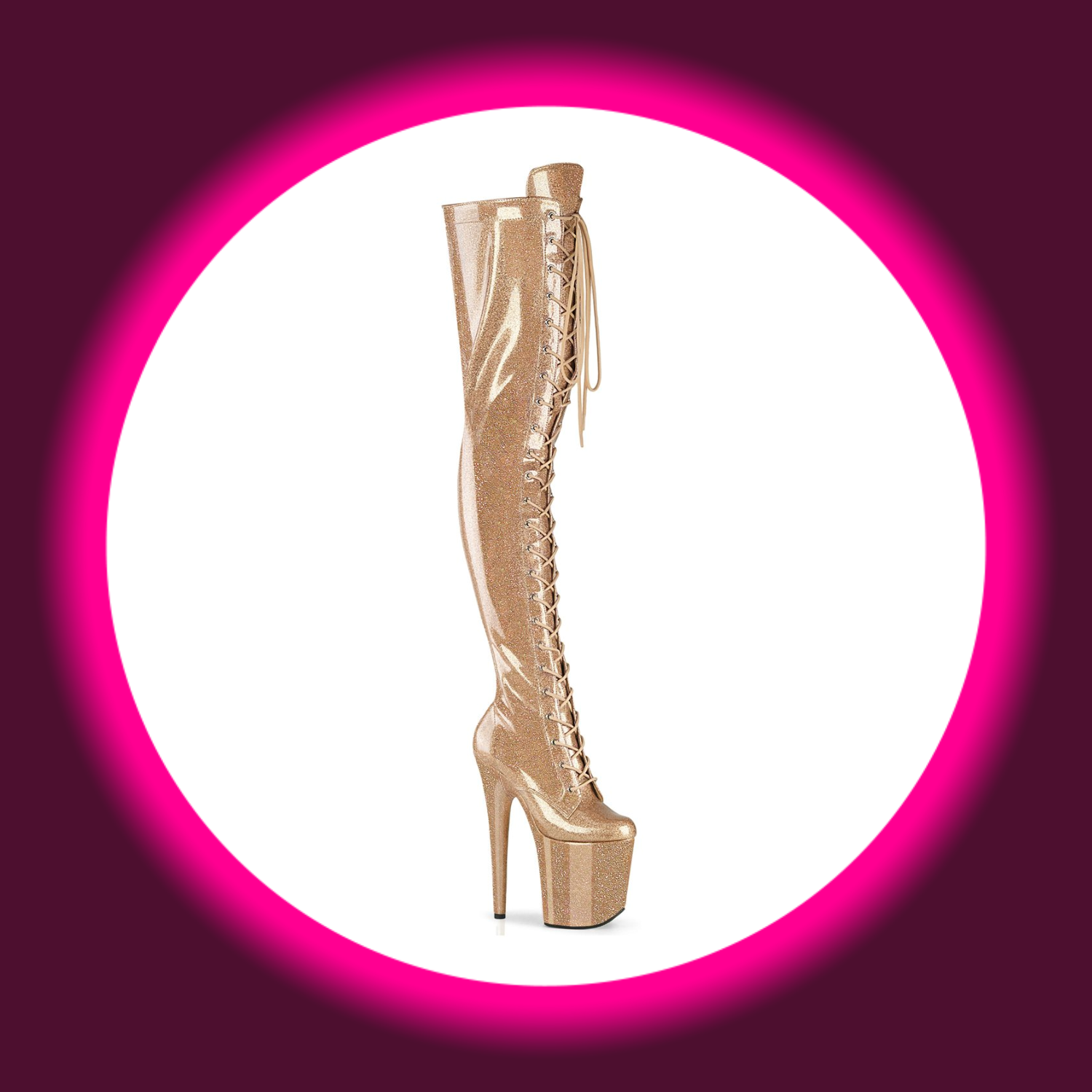 Winkelansicht goldene glitzernde Plateau-Overknees mit Frontschnürung und hohem Absatz, Pleaser Flamingo 3020
