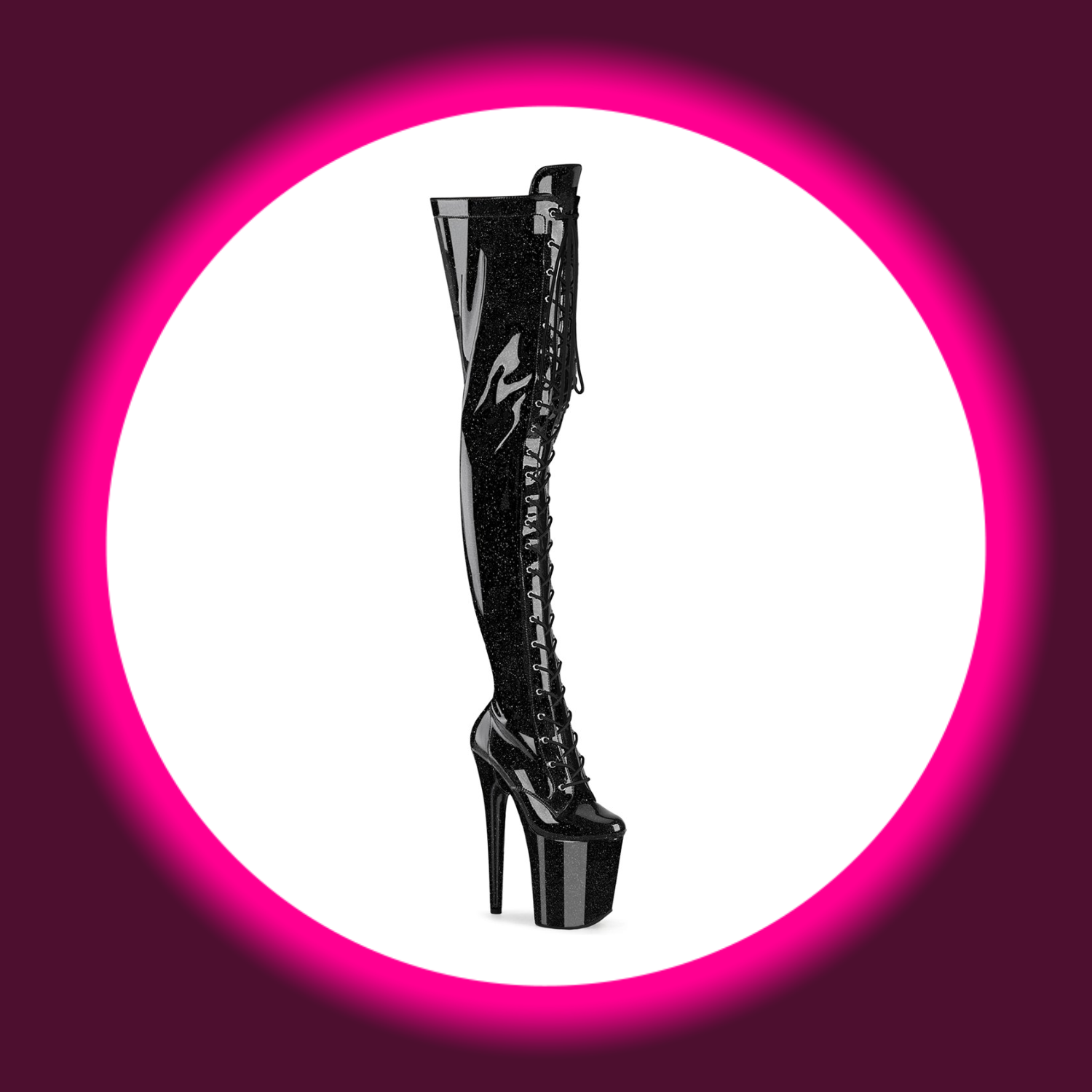 Winkelansicht schwarze glitzernde Plateau-Overknees mit Frontschnürung und hohem Absatz, Pleaser Flamingo 3020