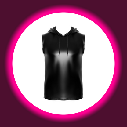 Frontansicht schwarzes glänzendes ärmelloses Hoodie von Noir Handmade