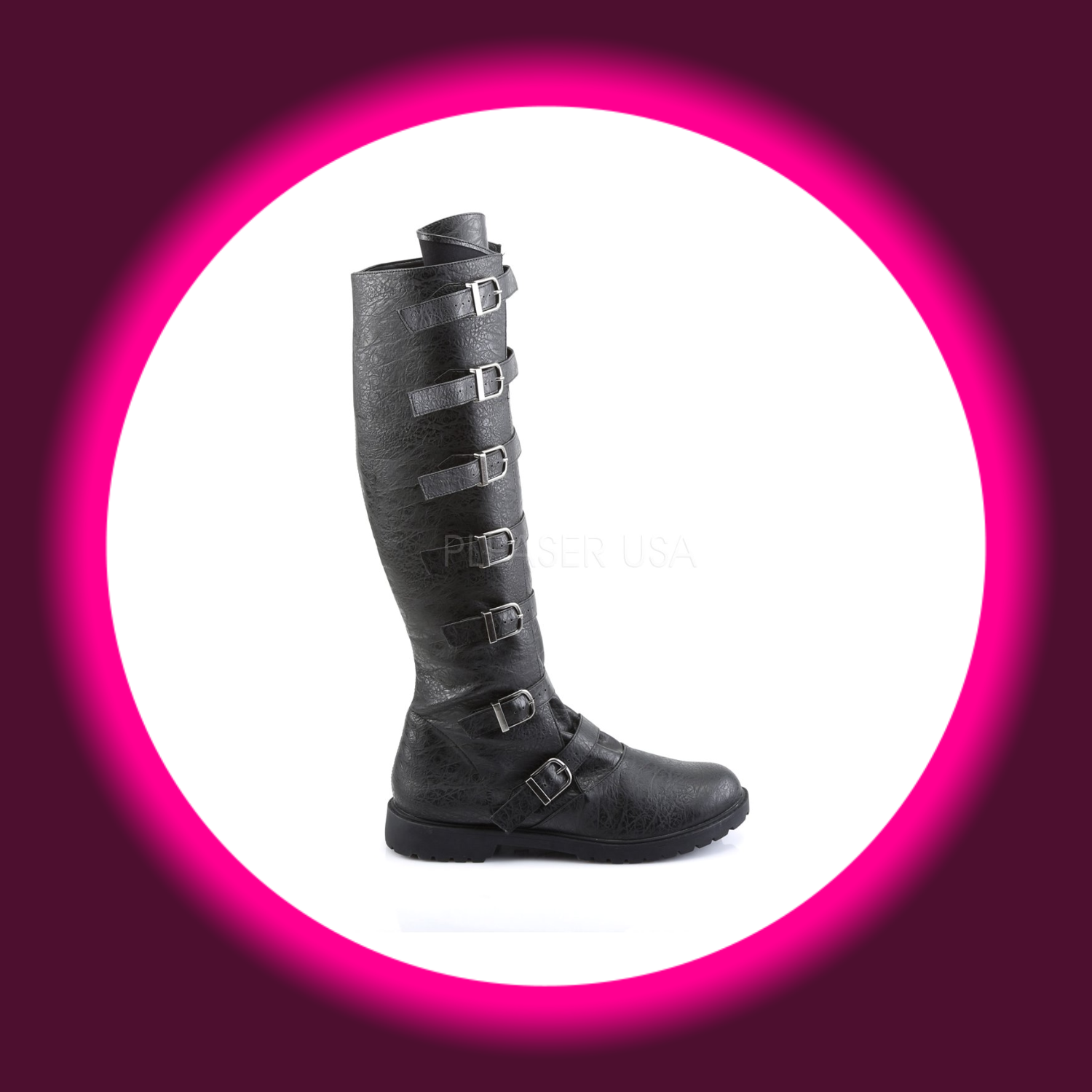 seitliche Ansicht schwarze Herrenstiefel mit 7 Schnallen und Gummisohle, Funtasma Gotham 110